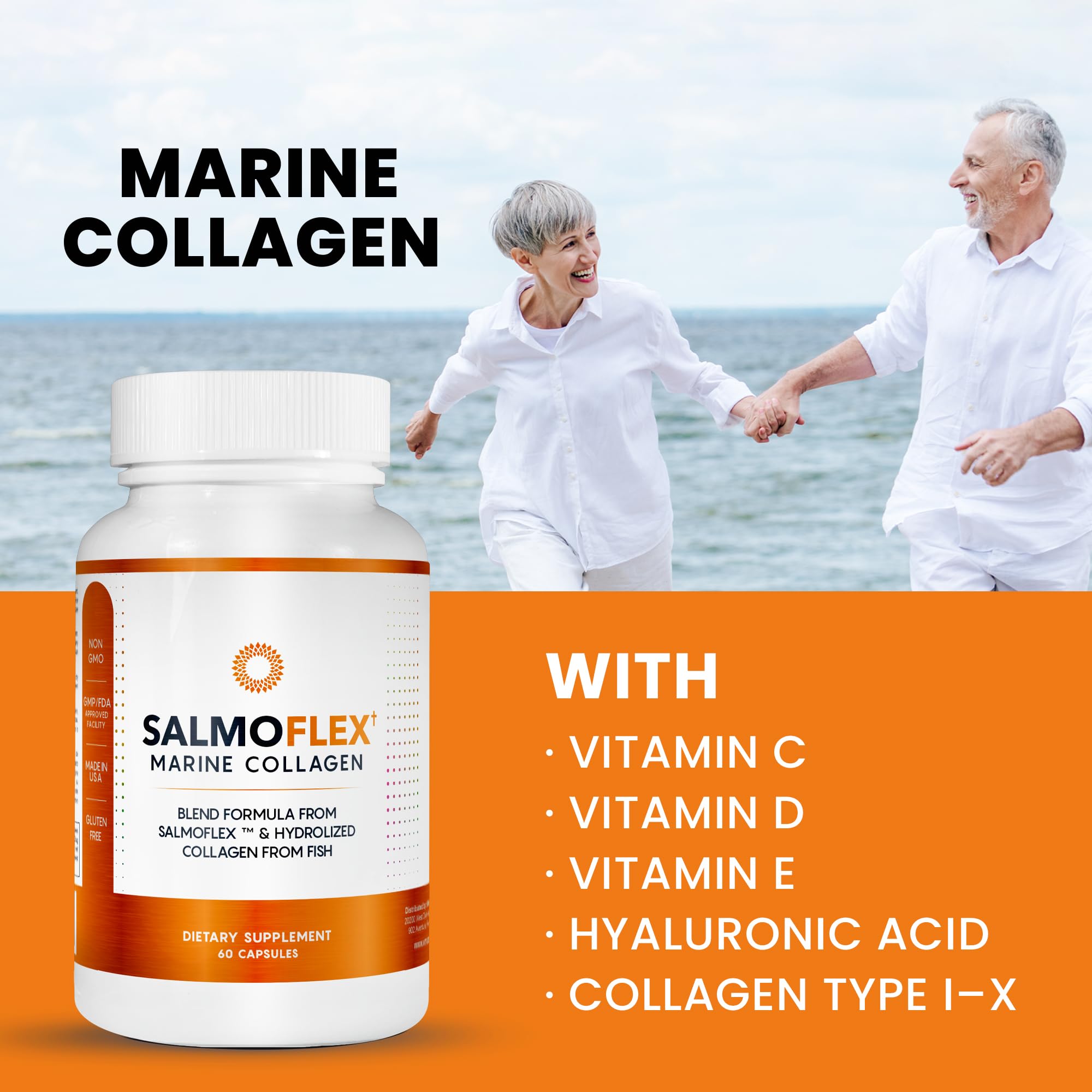 VITASEI Salmoflex Marine Collagen Peptides Pills W/Hyaluronic Acid, Vitamin C, D, E | Salmon Supplements - Hair, Skin, Nails | Multivitamin for Women & Men | Knee, Joint Relief - 60 Capsules VITASEI Au supplements