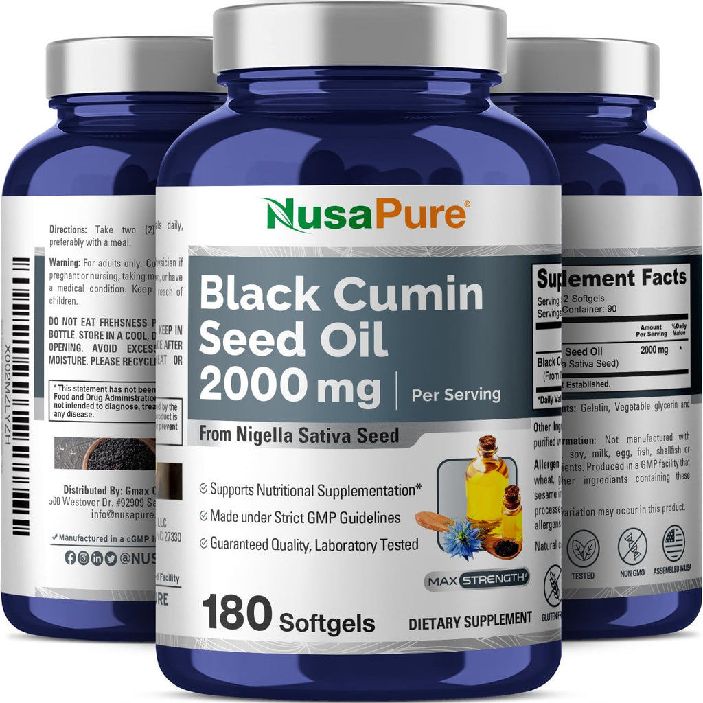 NusaPure Black Seed Oil 2000mg per Serving - 180 Softgel Caps (Non-GMO, Gluten-Free) Cold-Pressed Nigella Sativa NusaPure Au supplements