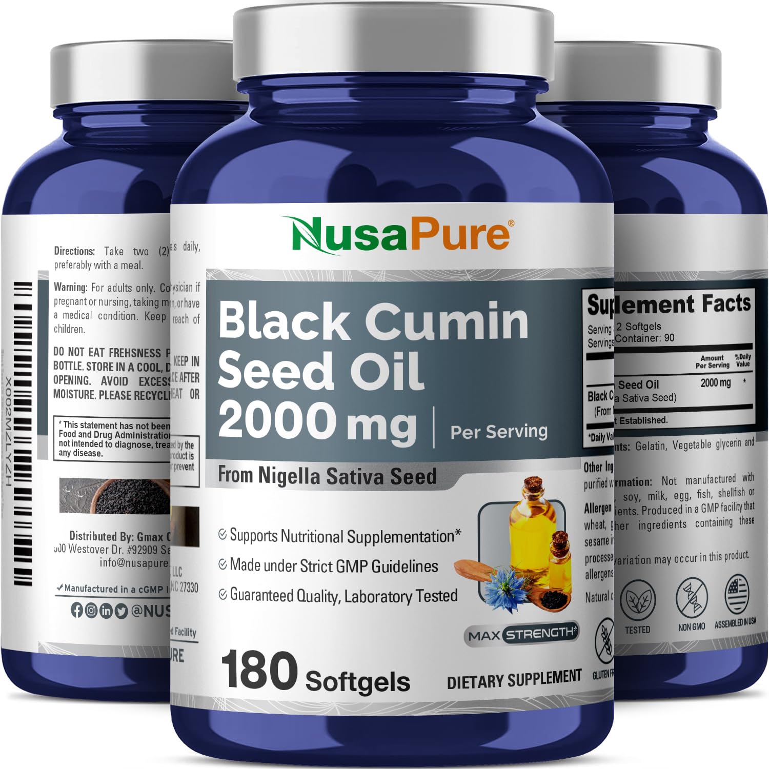 NusaPure Black Seed Oil 2000mg per Serving - 180 Softgel Caps (Non-GMO, Gluten-Free) Cold-Pressed Nigella Sativa NusaPure Au supplements