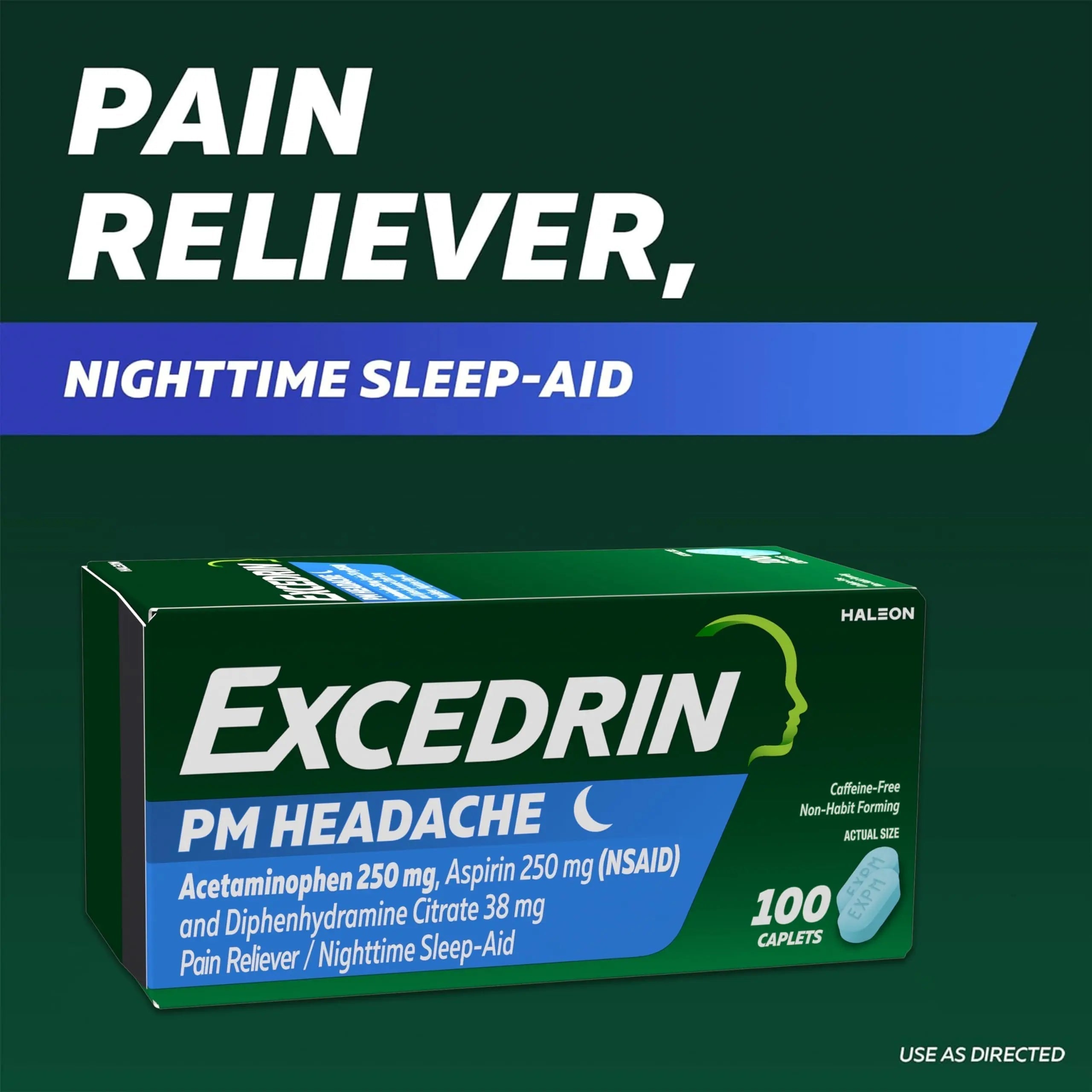 Excedrin PM for Headache Relief, Acetaminophen 250mg, Aspirin 250mg, Diphenhydramine Citrate 38mg, Pain Reliever, Nighttime Sleep-Aid, 100 Count Excedrin Au supplements