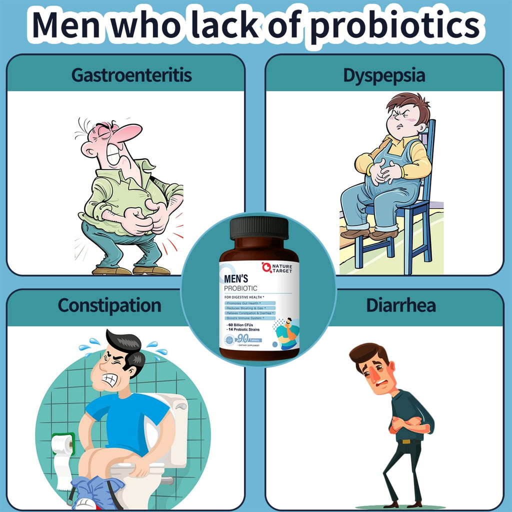NATURE TARGET Probiotics for Men with Men Care Supplement, Prebiotics & Probiotic for Men's Digestive and Immune Health,60 Billion CFUs & 14 Strains Shelf Stable,