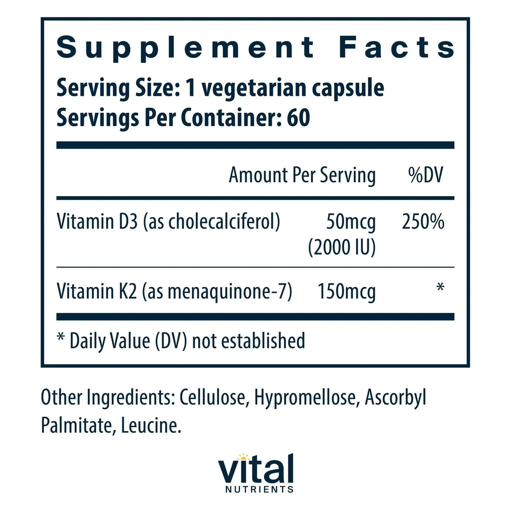 Vital Nutrients Vitamin D3 + K2-2000 IU - Vitamin D3 K2 Supplement - Vitamin D Complex for Healthy Calcium Levels Vital Nutrients Au supplements
