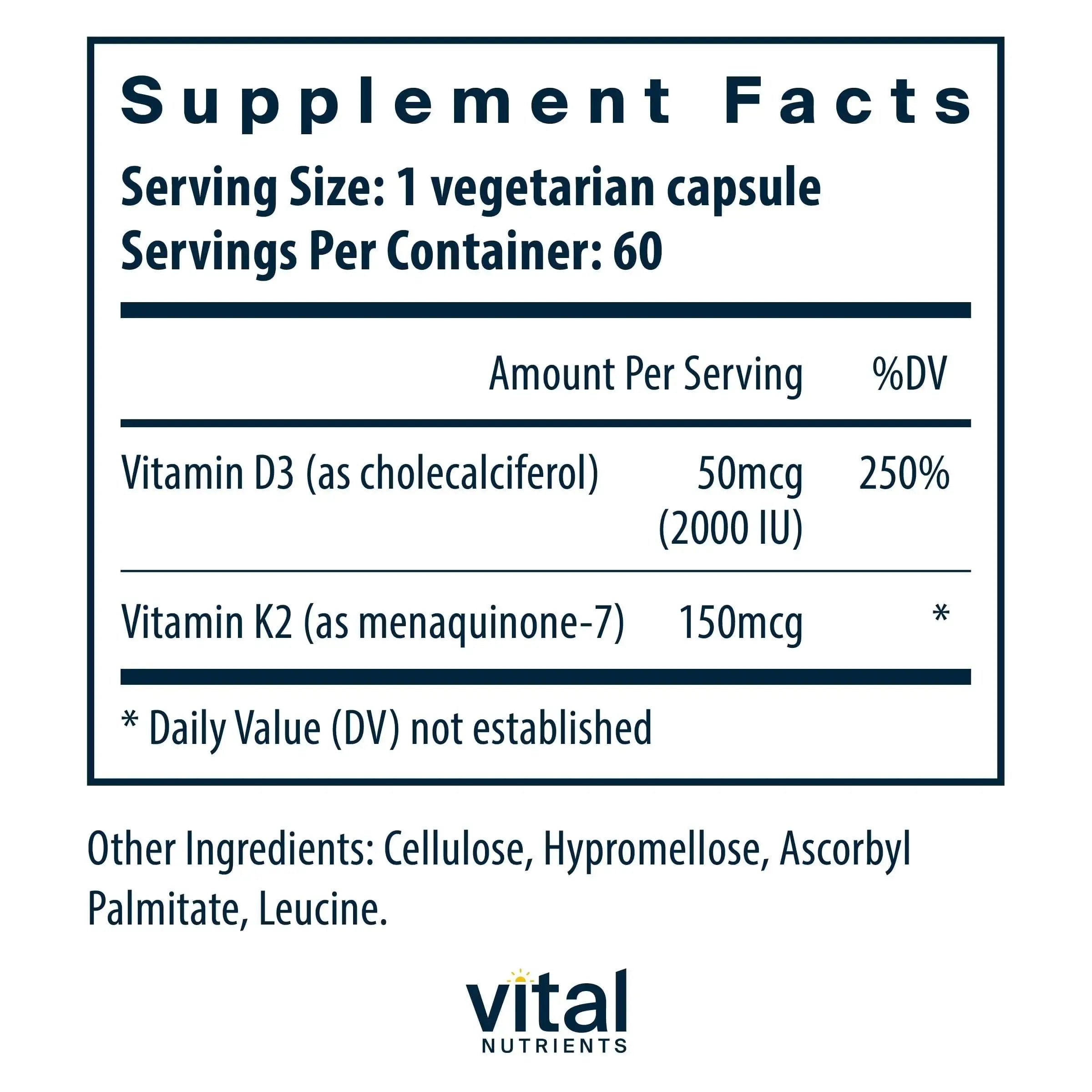 Vital Nutrients Vitamin D3 + K2-2000 IU - Vitamin D3 K2 Supplement - Vitamin D Complex for Healthy Calcium Levels Vital Nutrients Au supplements