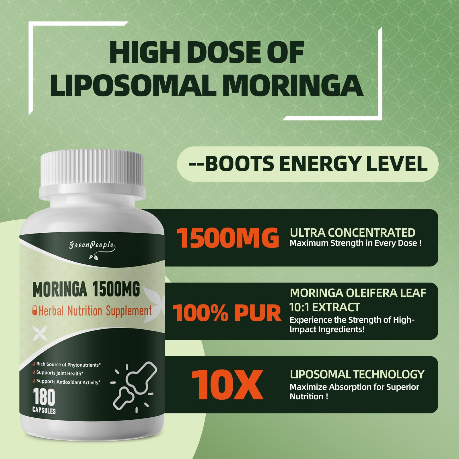 GREENPEOPLE Whole-Leaf Moringa Capsules 1500mg - High Potency 10:1 Moringa Oleifera Leaf Extract - Natural Green Superfood for Energy & Immune Support