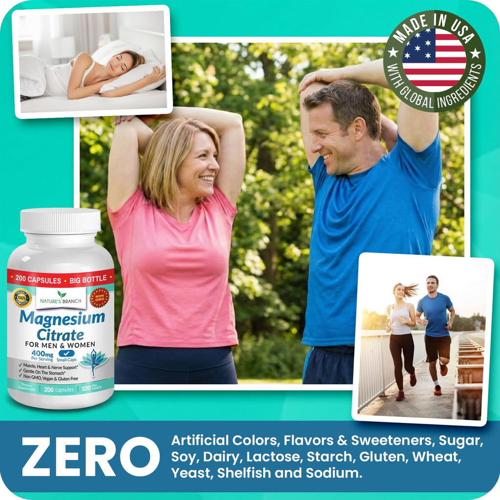 Magnesium Citrate 400mg | 200 Capsules, High Absorption for Sleep, Relax, Leg Cramps, Energy, Extra Strength Easy to Swallow Small Pills for Women & Men, Vegan Supplement for Digestion, Not Tablets NATURE'S BRANCH Au supplements