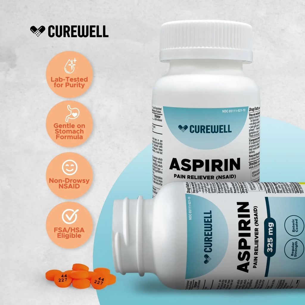 CUREWELL Enteric Coated Aspirin Tablets 325mg (1000 Count) NSAID Pain Reliever & Fever Reducer Coated Aspirin for Adults - Regular Strength for Headache Arthritis Menstrual & Muscle Pain CUREWELL Au supplements