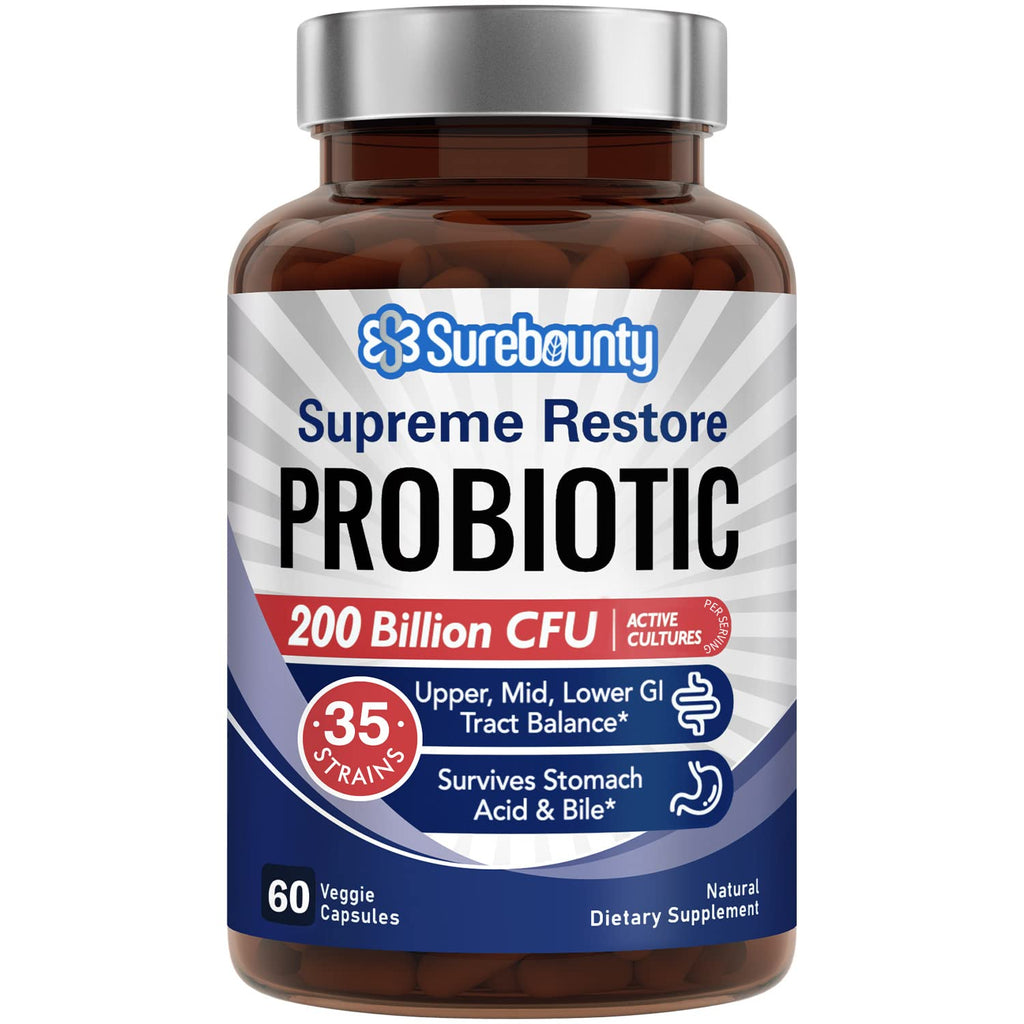 Surebounty Probiotic for Men & Women, 200 Billion CFU 35 Strains, Prebiotics + Digestive Enzymes, Supreme Restore Probiotic Supplement,