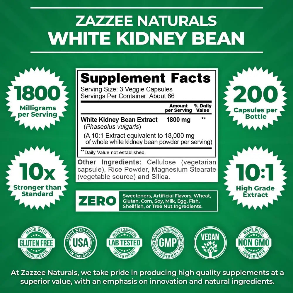 Zazzee White Kidney Bean 10:1 Extract, 18,000 mg Strength, 200 Vegan Capsules, Over 2 Month Supply Zazzee Au supplements
