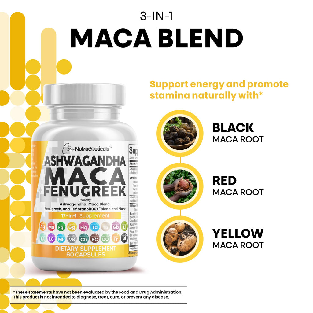 Clean Nutraceuticals Ashwagandha Maca Root Fenugreek Supplement with Tongkat Ali Ginseng - Assists with Stress, Mood & Thyroid - Ashwagandha Capsules Fenugreek Caps - 1 Pack Clean Nutraceuticals Au supplements