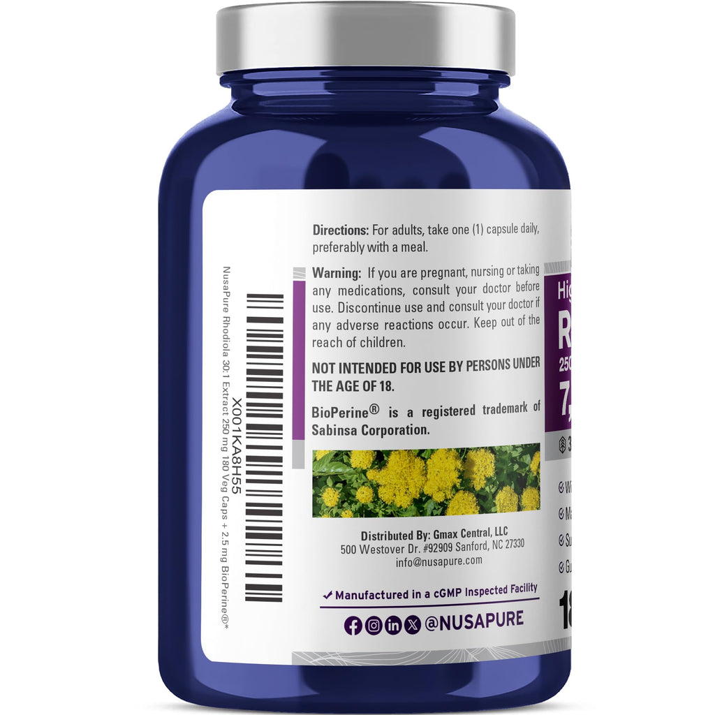 NusaPure Rhodiola Rosea 7,500mg 180 Veggie Capsules (Non-GMO, Extract 30:1, Vegan & Gluten-Free) Bioperine NusaPure Au supplements