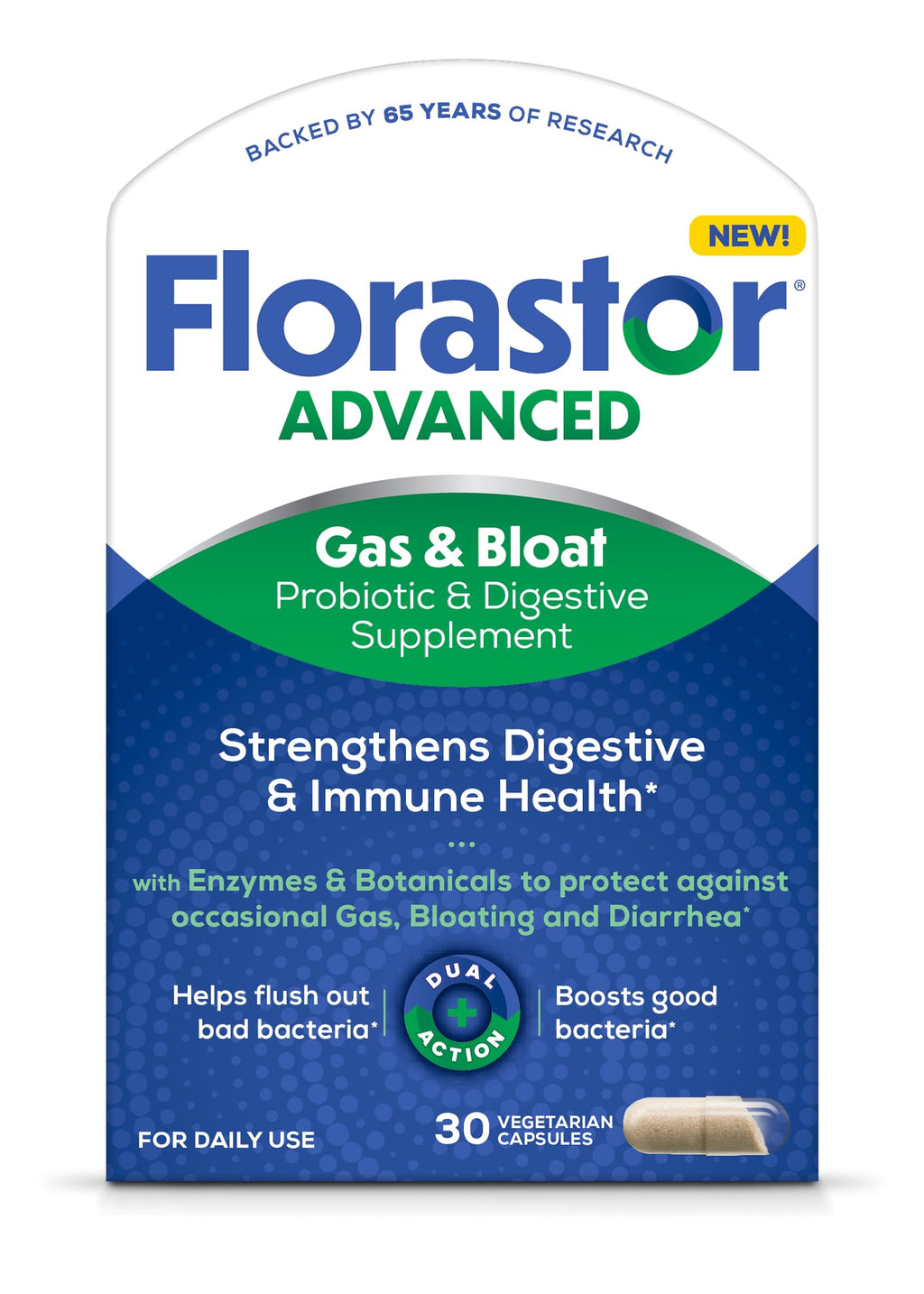 Florastor Advanced Gas and Bloat Probiotic, Digestive Enzymes and Botanicals, Plus Probiotics for Digestive Health, 30 Capsules Florastor Au supplements