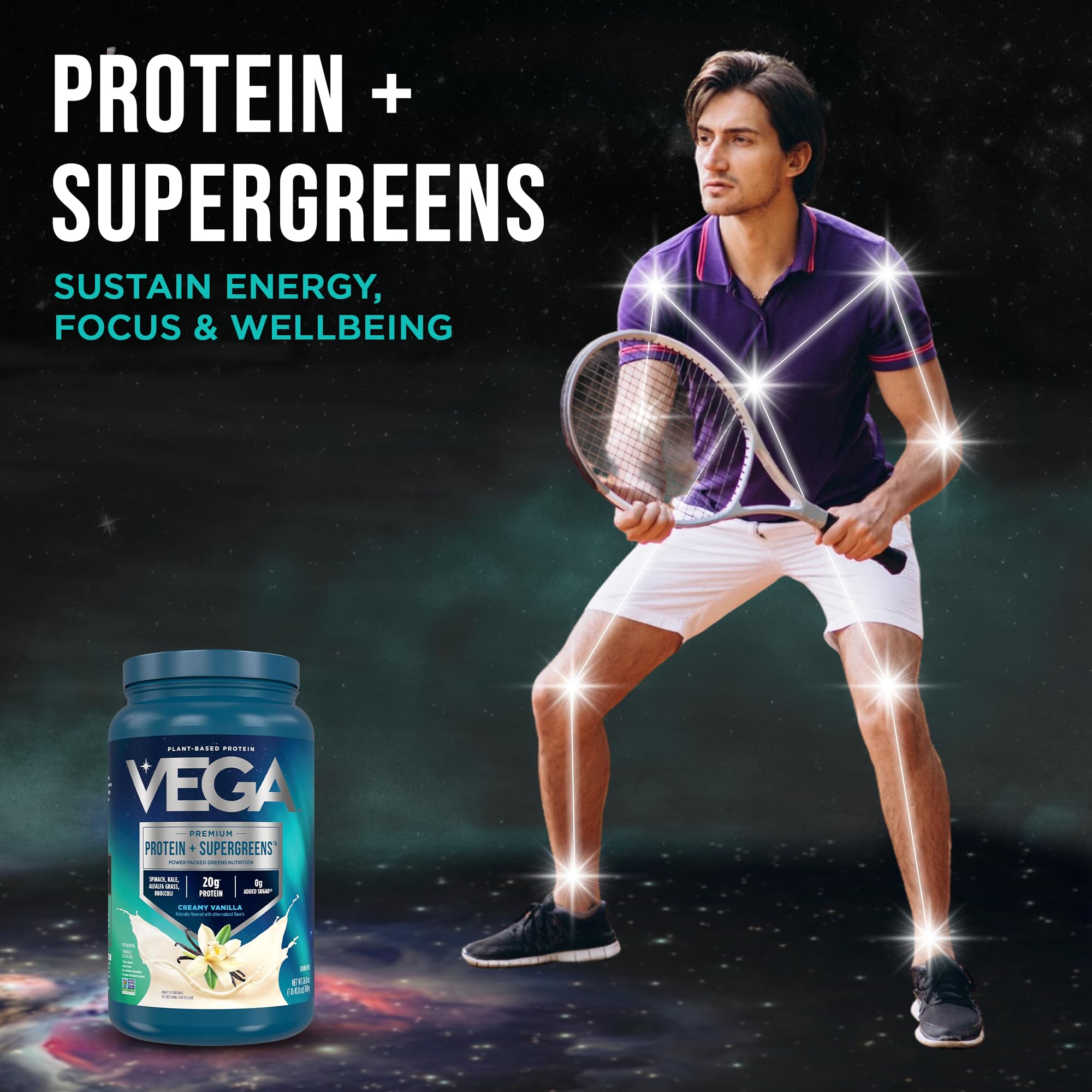 Vega Premium Protein + Supergreens, Creamy Vanilla – 20g Vegan Protein, Dairy & Gluten Free, 26.9 oz (25 Servings)