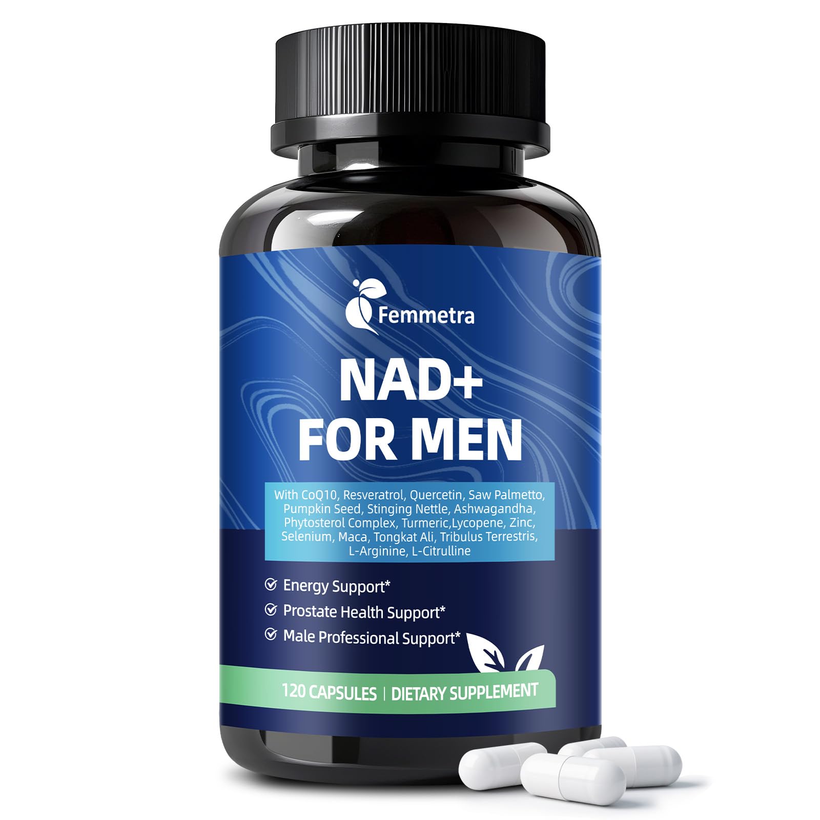 Femmetra NAD+ Supplements for Men with Saw Palmetto | All-in-One Cellular Energy, Prostate Support & Nitric Oxide Supplement with Resveratrol, L-Arginine | Non-GMO, 120 Capsules Femmetra Au supplements