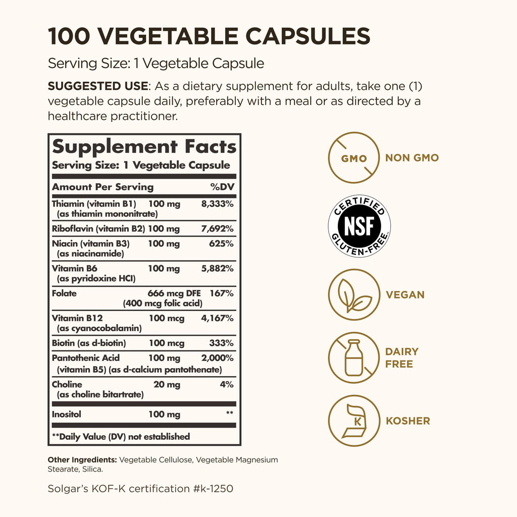 Solgar B-Complex "100", 100 Vegetable Capsules - Nervous System Support - Supports Energy Metabolism - Non-GMO, Vegan, Gluten Free,