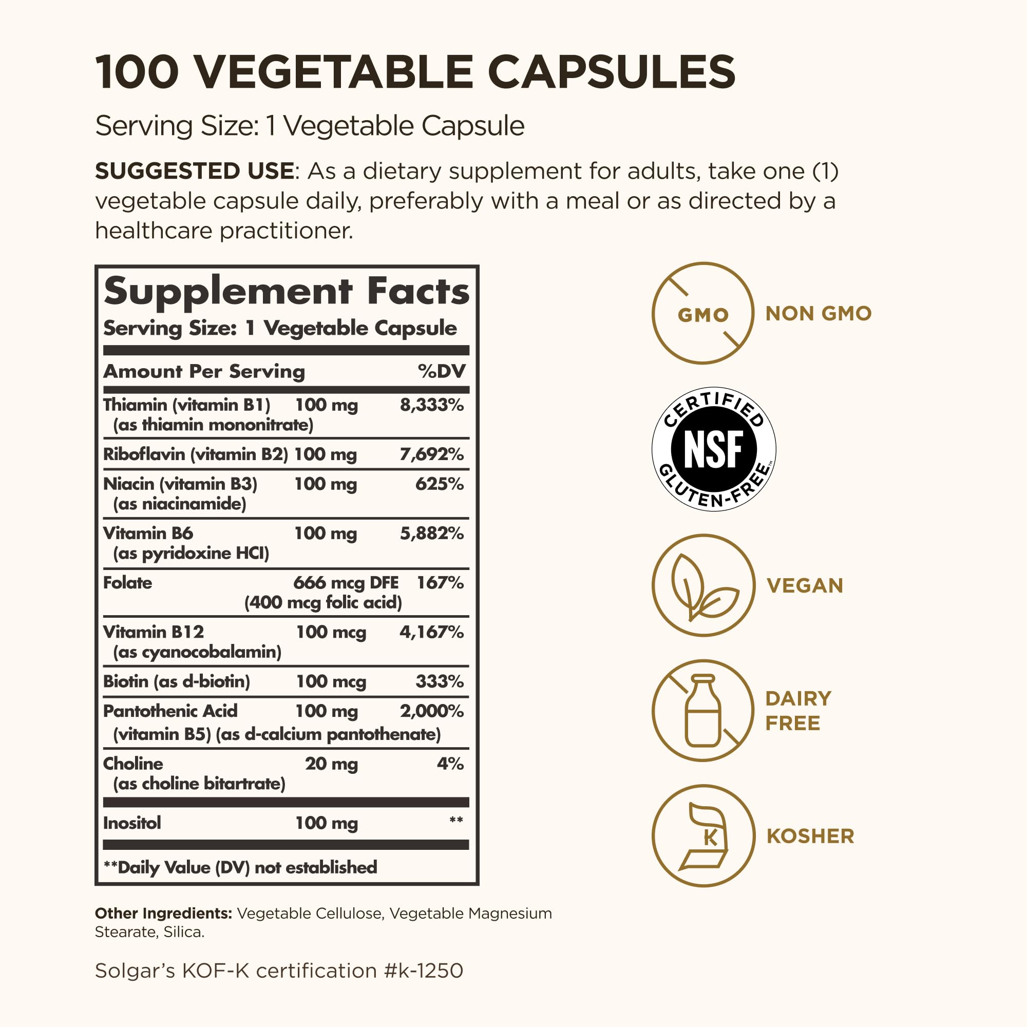 Solgar B-Complex "100", 100 Vegetable Capsules - Nervous System Support - Supports Energy Metabolism - Non-GMO, Vegan, Gluten Free,