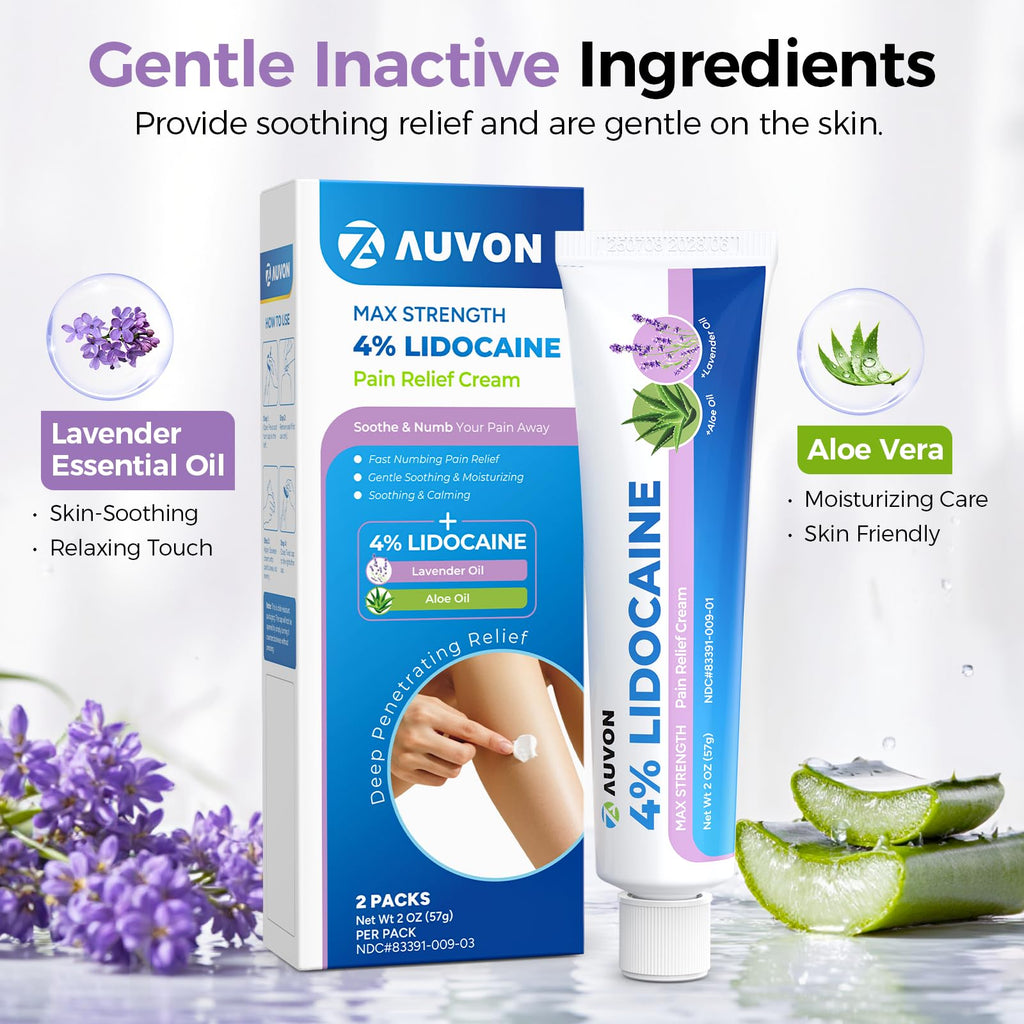 AUVON Max Strength Lidocaine Pain Relief Cream with Lavender & Aloe Vera, Numbing Cream for Minor Arthritis Pain, Soothing Muscle for Neck, Shoulder, Hip, Knee, Joint and Back Pain, 2 Oz, 2 Packs AUVON Au supplements