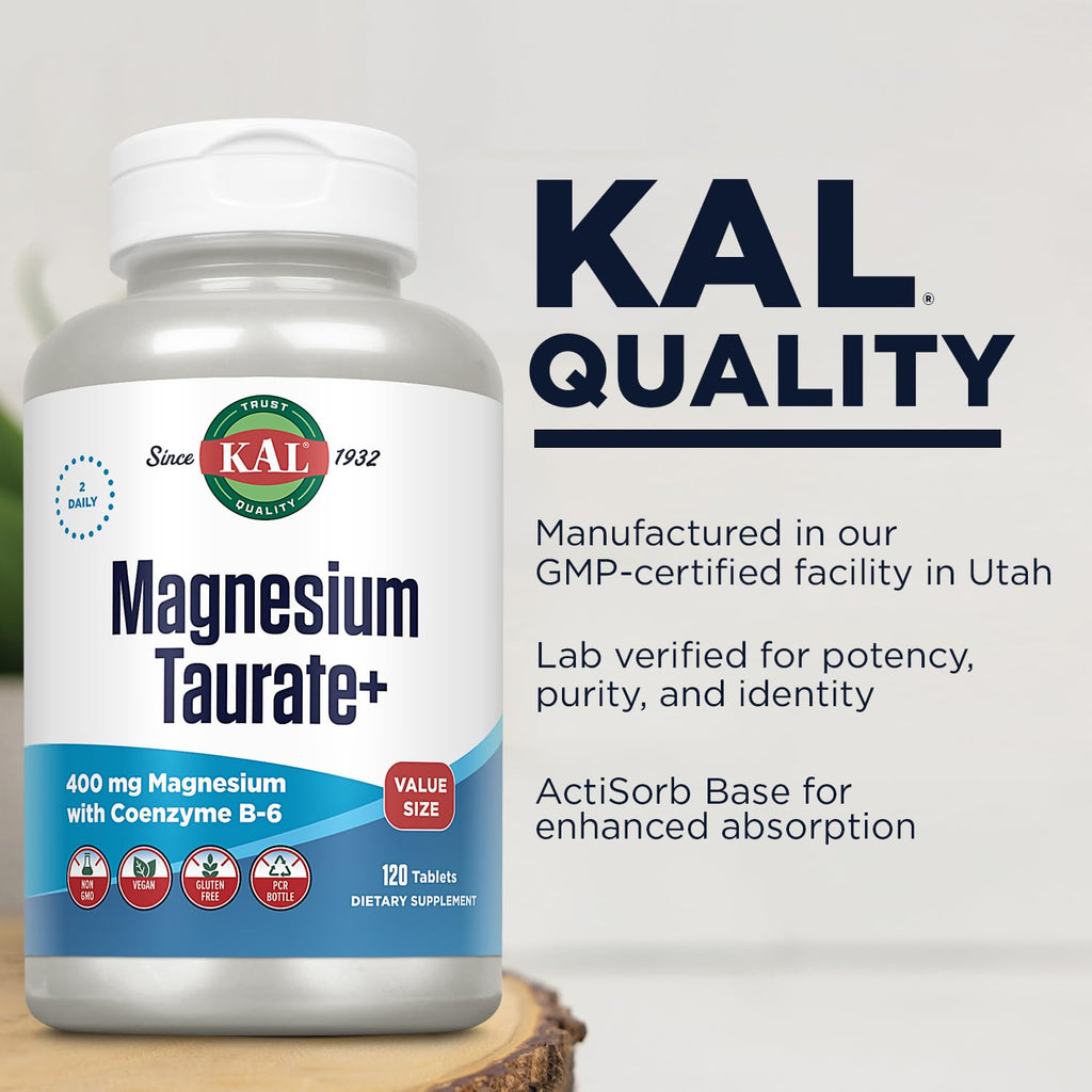 KAL Magnesium Taurate 400mg Plus Vitamin B6, Chelated Magnesium Supplement, High Absorption Magnesium Complex, Muscle and Heart Health Support, Vegan, Gluten Free,