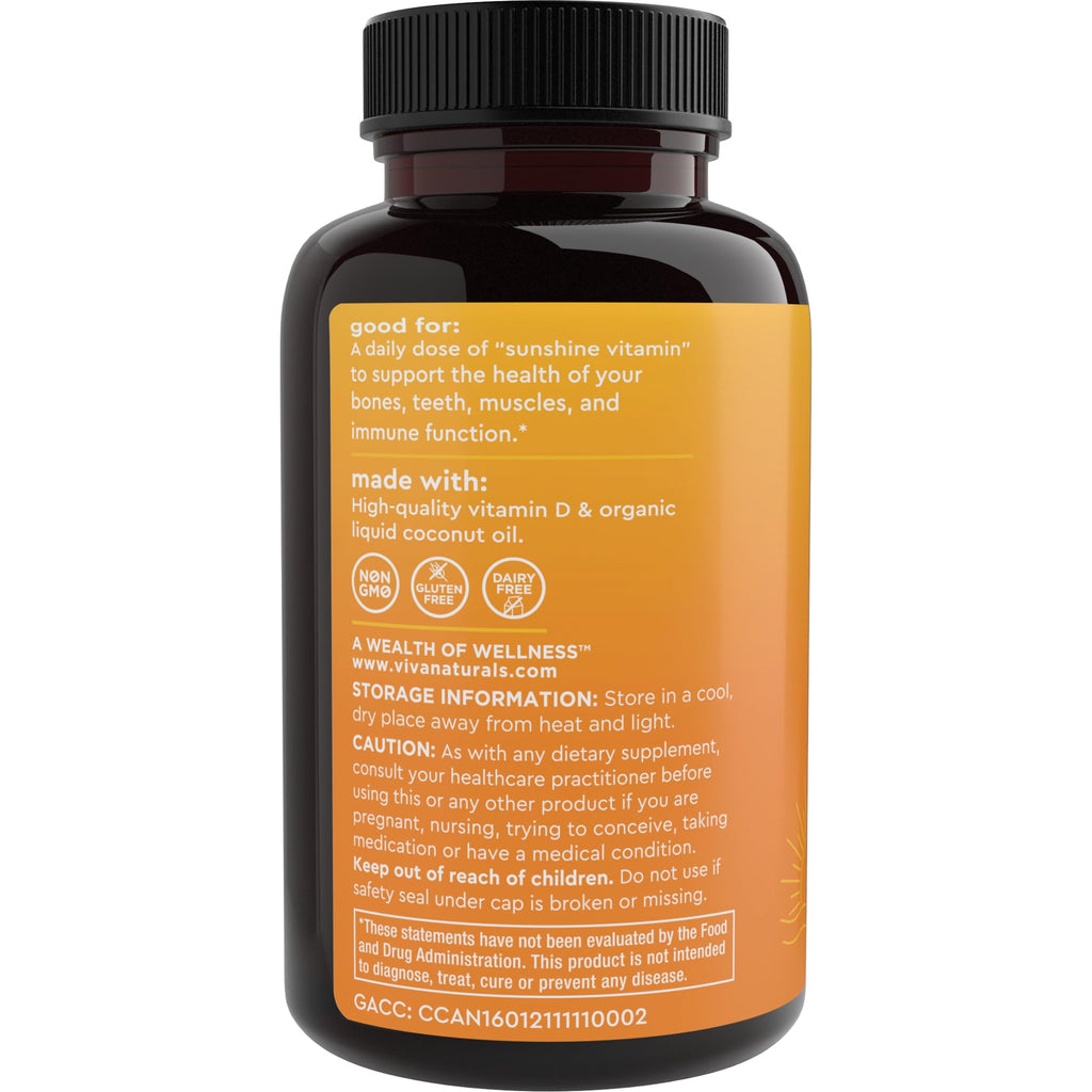 Viva Naturals Vitamin D3 5000 IU Softgels, 360 Count (125 mcg), Supports Bone & Immune Health, High Potency Vitamin D