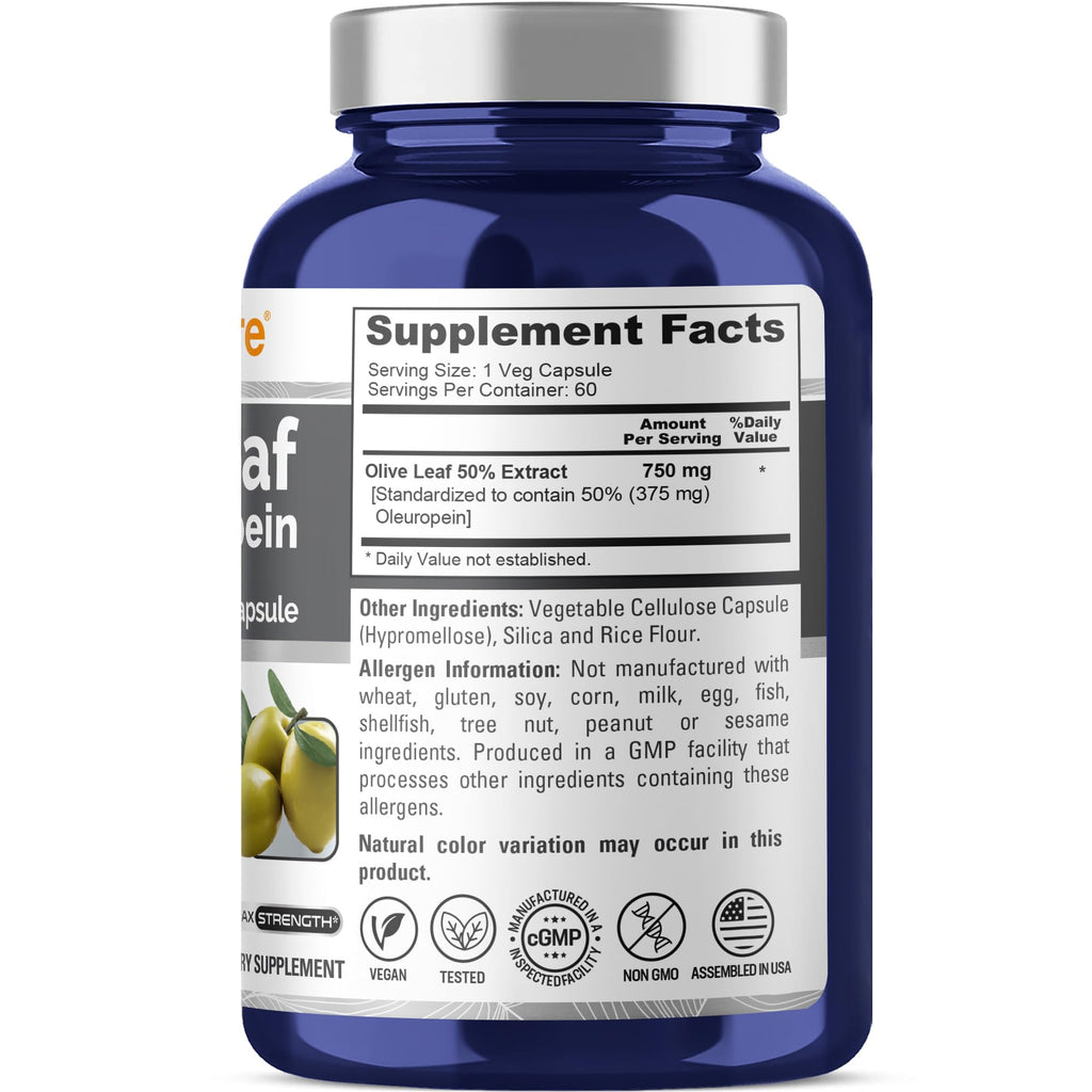 NusaPure Olive Leaf Extract 750 mg - 50% Oleuropein - Vegan and Vegetarian Non-GMO - Super Strength - No Oil - 60 Capsules NusaPure Au supplements