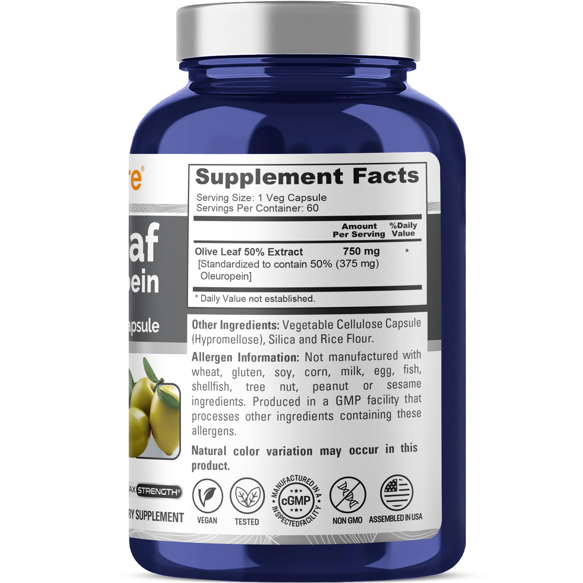 NusaPure Olive Leaf Extract 750 mg - 50% Oleuropein - Vegan and Vegetarian Non-GMO - Super Strength - No Oil - 60 Capsules NusaPure Au supplements