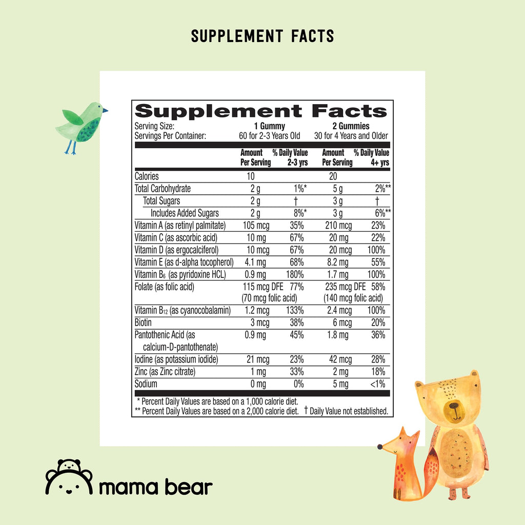 Amazon Brand - Mama Bear Organic Kids Multivitamin Gummies, Berry, Cherry & Orange, 60 Count, 1 Month Supply (Packaging May Vary)