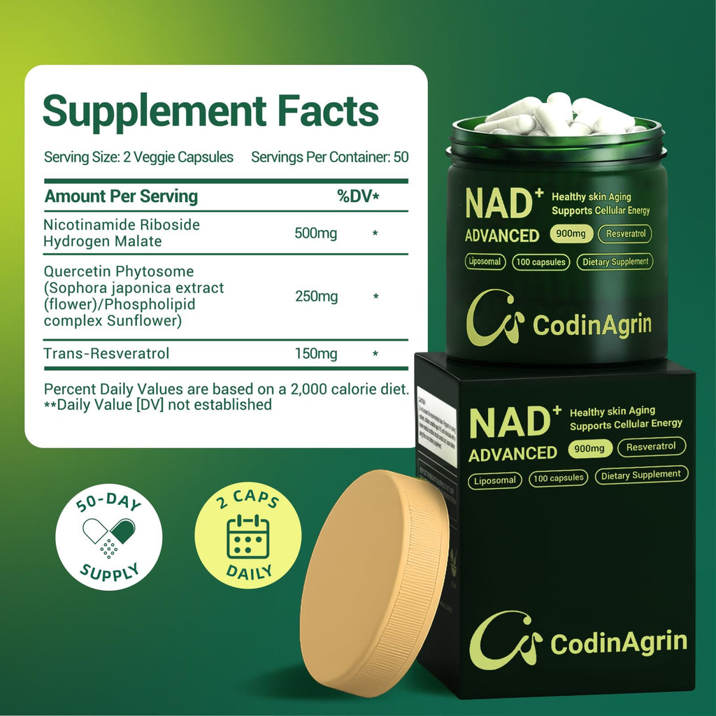 CodinAgrin NAD+ Supplement with Resveratrol 900mg Nicotinamide Adenine Dinucleotide Complex for Cellular Energy Repair, Anti-Aging & Mental Clarity Support, Non-GMO, Vegetarian Friendly, 100 Capsules CodinAgrin Au supplements
