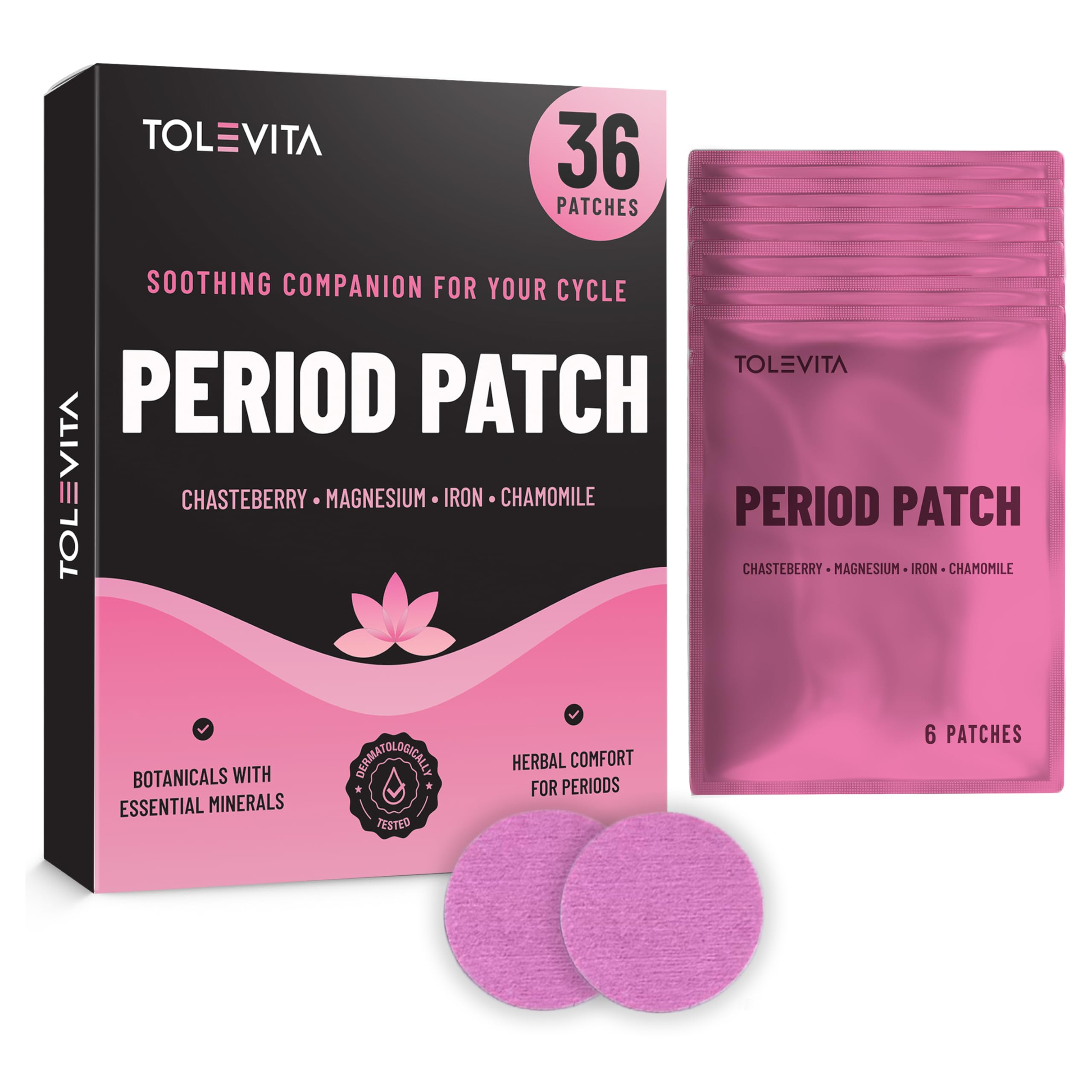 TOLEVITA Period Relief Patches 36 Pcs – Herbal Cramp Support with Chasteberry, Magnesium, Evening Primrose, Dong Quai, Curcumin, Vitamins B6 & E, Iron, Chamomile – Hormonal Balance & Menstrual Comfort TOLEVITA Au supplements