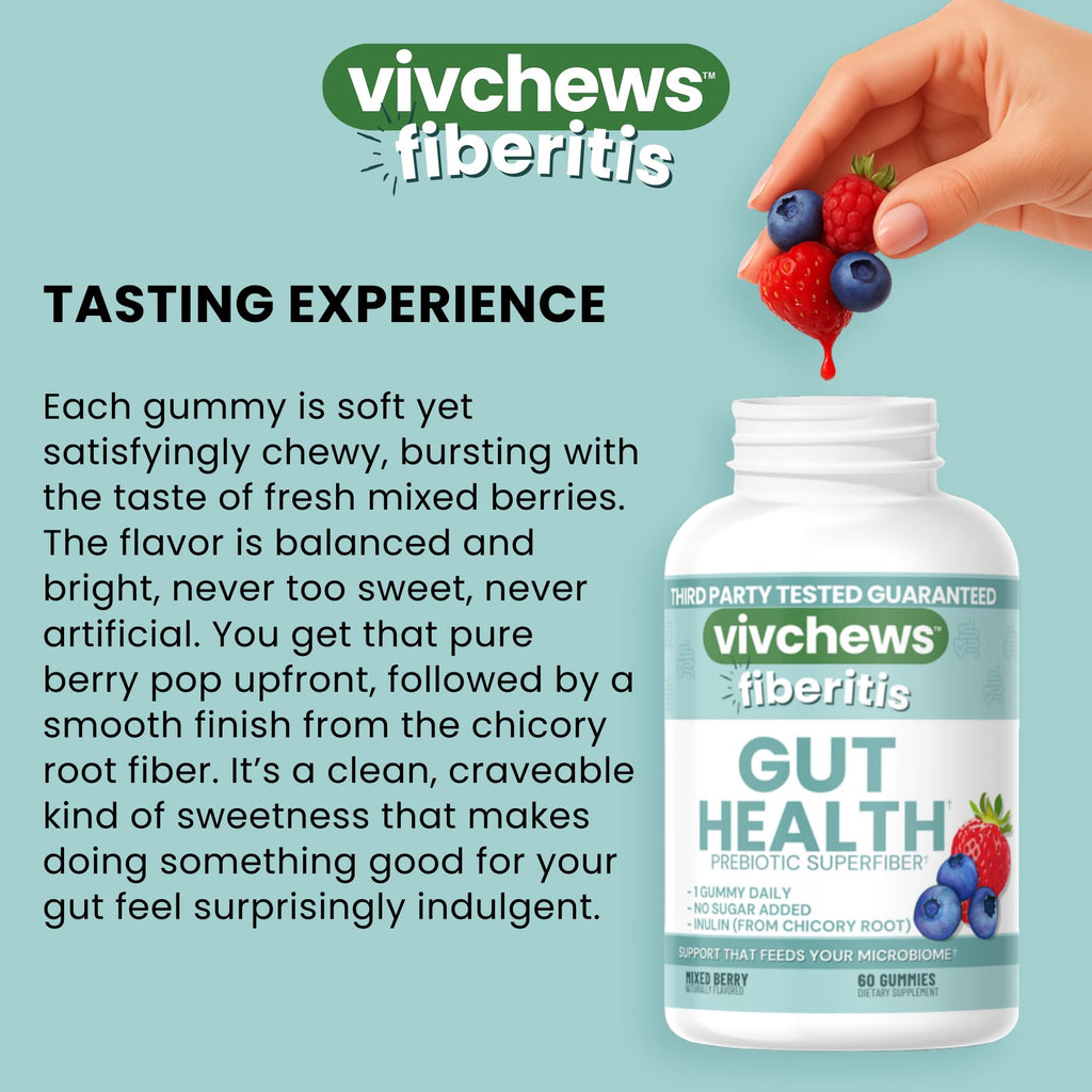 vivchews Gut Health Gummies – Prebiotic Fiber for Bloating Relief, No Sugar Added, Non-GMO, Fruit Pectin Based, Gluten-Free, No Artificial Colors,