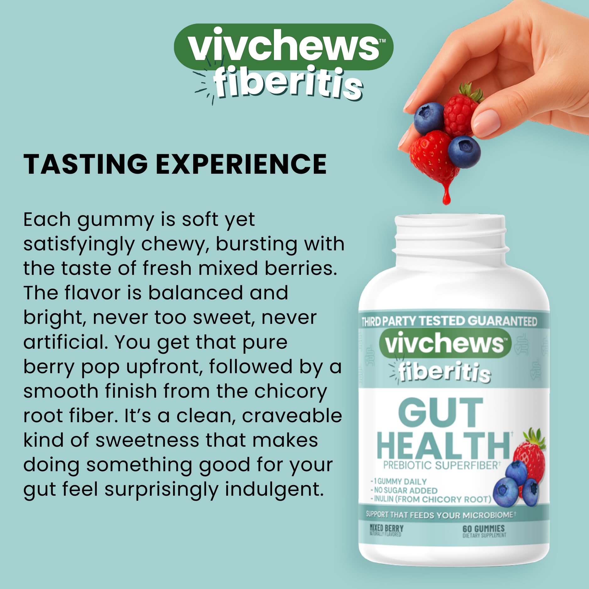 vivchews Gut Health Gummies – Prebiotic Fiber for Bloating Relief, No Sugar Added, Non-GMO, Fruit Pectin Based, Gluten-Free, No Artificial Colors,