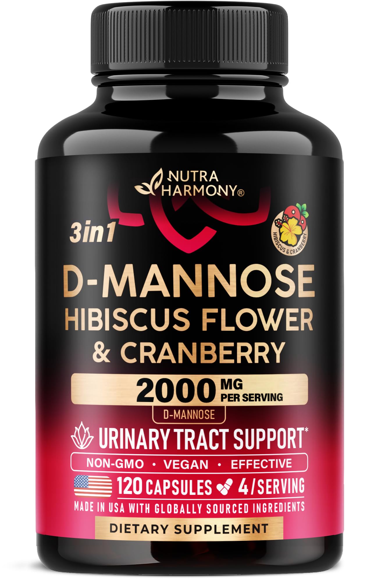 D-Mannose 2000mg with Cranberry & Hibiscus - Clinically Tested Strength for Urinary Tract Health - Supplement for Women - Bladder, Liver & Microflora Support - Made in USA - Vegan, 120 Capsules NUTRAHARMONY Au supplements