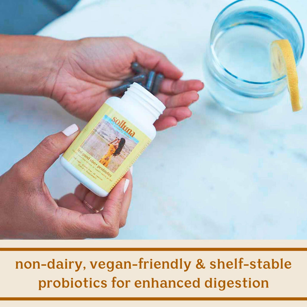 Feel Good SBO Probiotics — Soil Based Organisms (SBOs), Prebiotics, Postbiotics, Humic Acid, Shilajit, Chaga & Turkey Tail Mushroom for Digestion — Solluna by Kimberly Snyder (60CT) Vegan & Non-GMO Solluna by Kimberly Snyder Au supplements