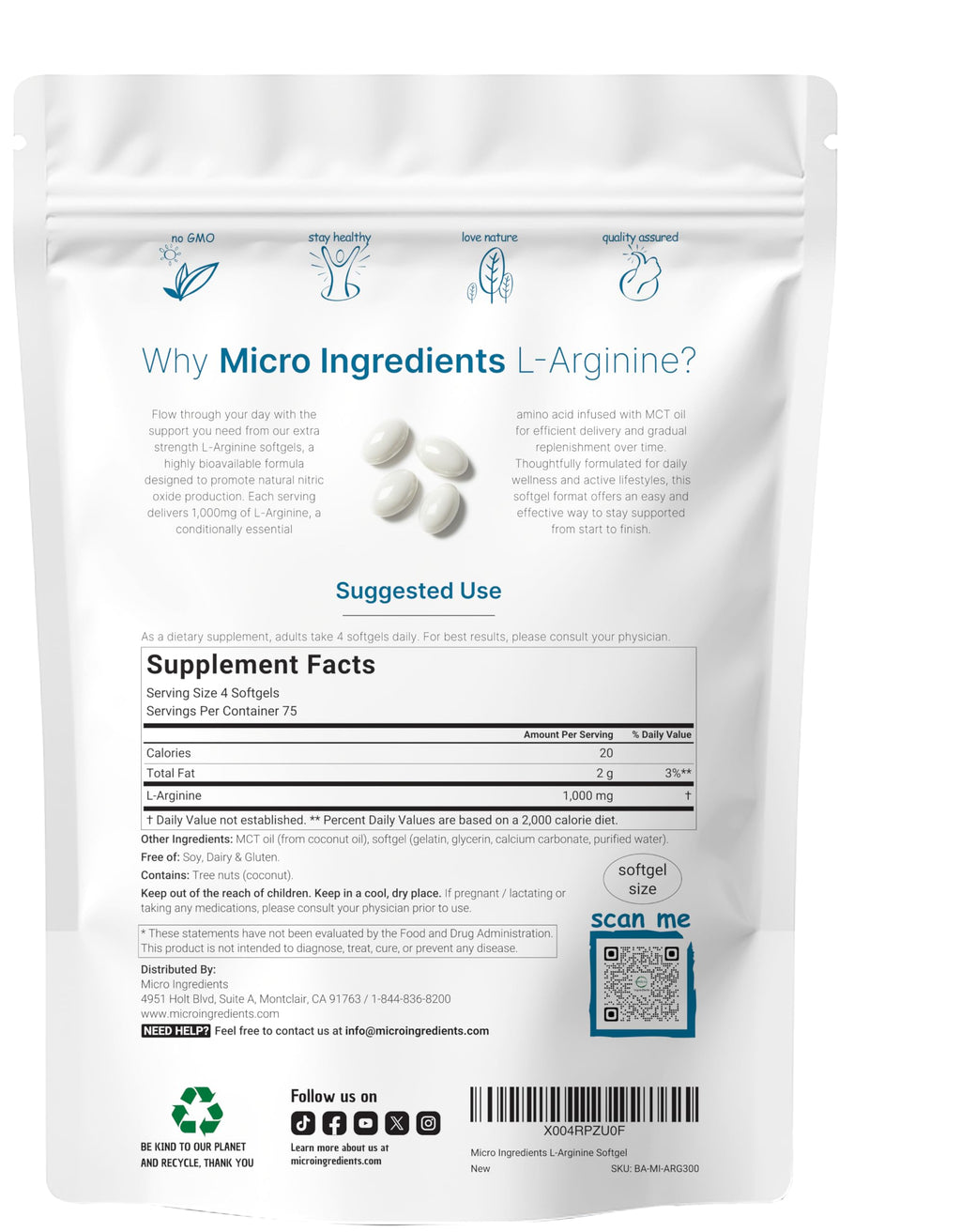 Micro Ingredients L-Arginine 1000mg with MCT Oil, 300 Softgels | Nitric Oxide Precursor* for Men & Women | Extra Strength Amino Acid Formula for Daily Wellness