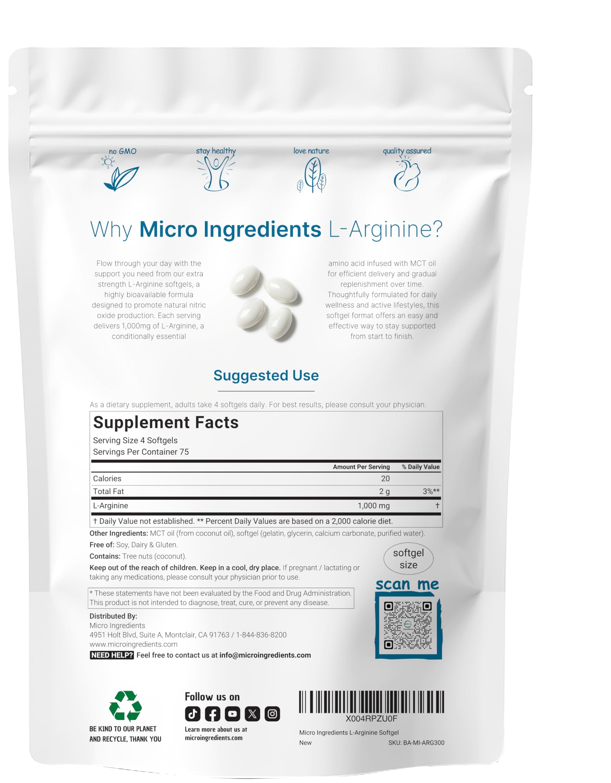 Micro Ingredients L-Arginine 1000mg with MCT Oil, 300 Softgels | Nitric Oxide Precursor* for Men & Women | Extra Strength Amino Acid Formula for Daily Wellness