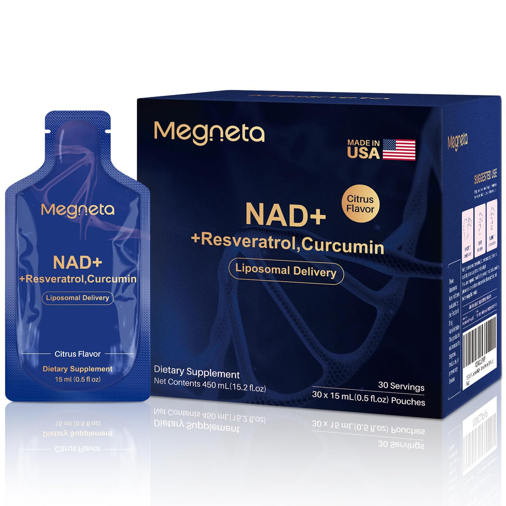 MEGNETA Liposomal NAD+ Supplement with Resveratrol, Anti-Aging, Energy Boost & Cellular Health Support, 15.2 fl. oz NAD Liquid for Men & Women (30 Pouch) MEGNETA Au supplements