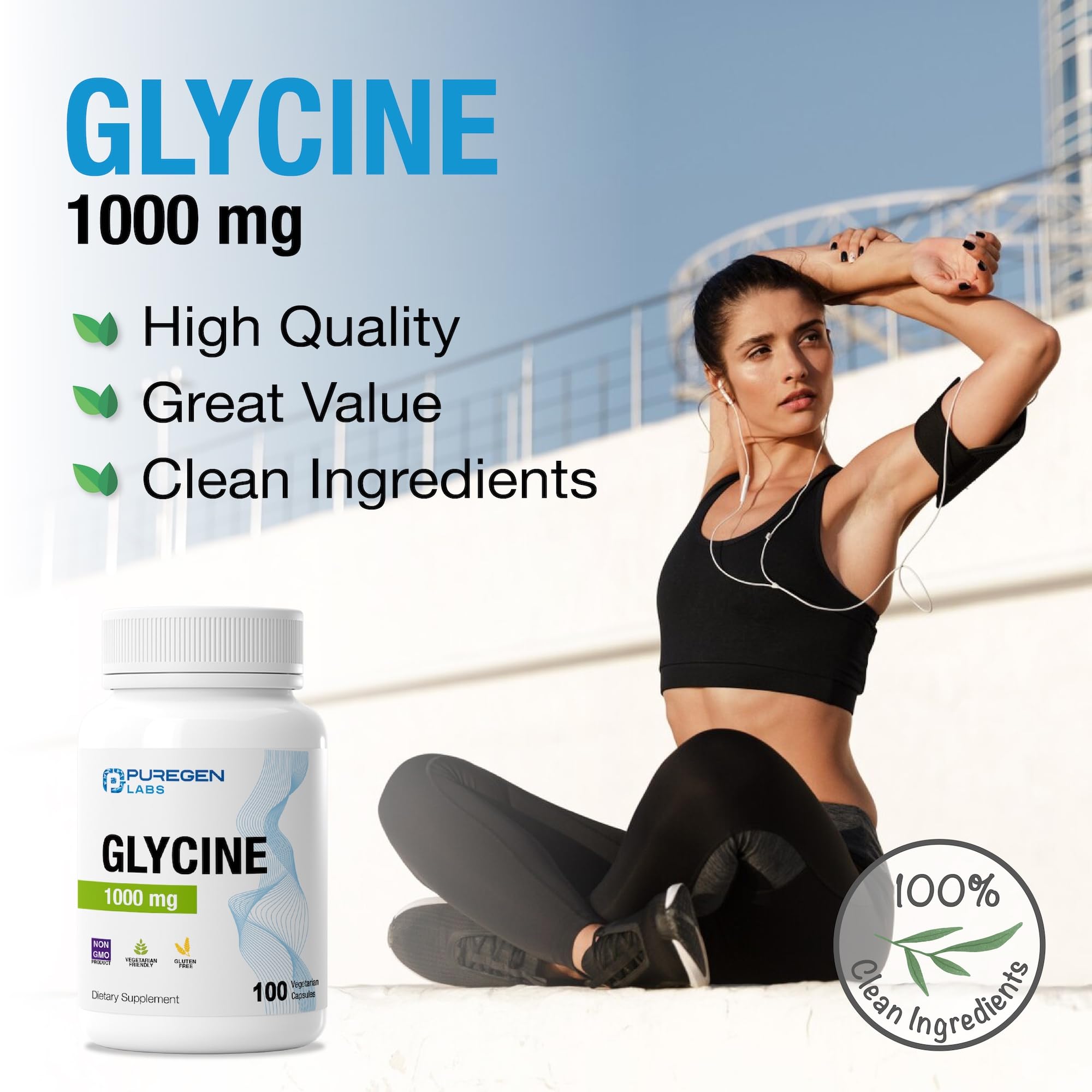 Puregen Labs Glycine 1000mg [High Potency] 100 Vegetarian Capsules, Promotes Healthy Rest | No Harmful Additives