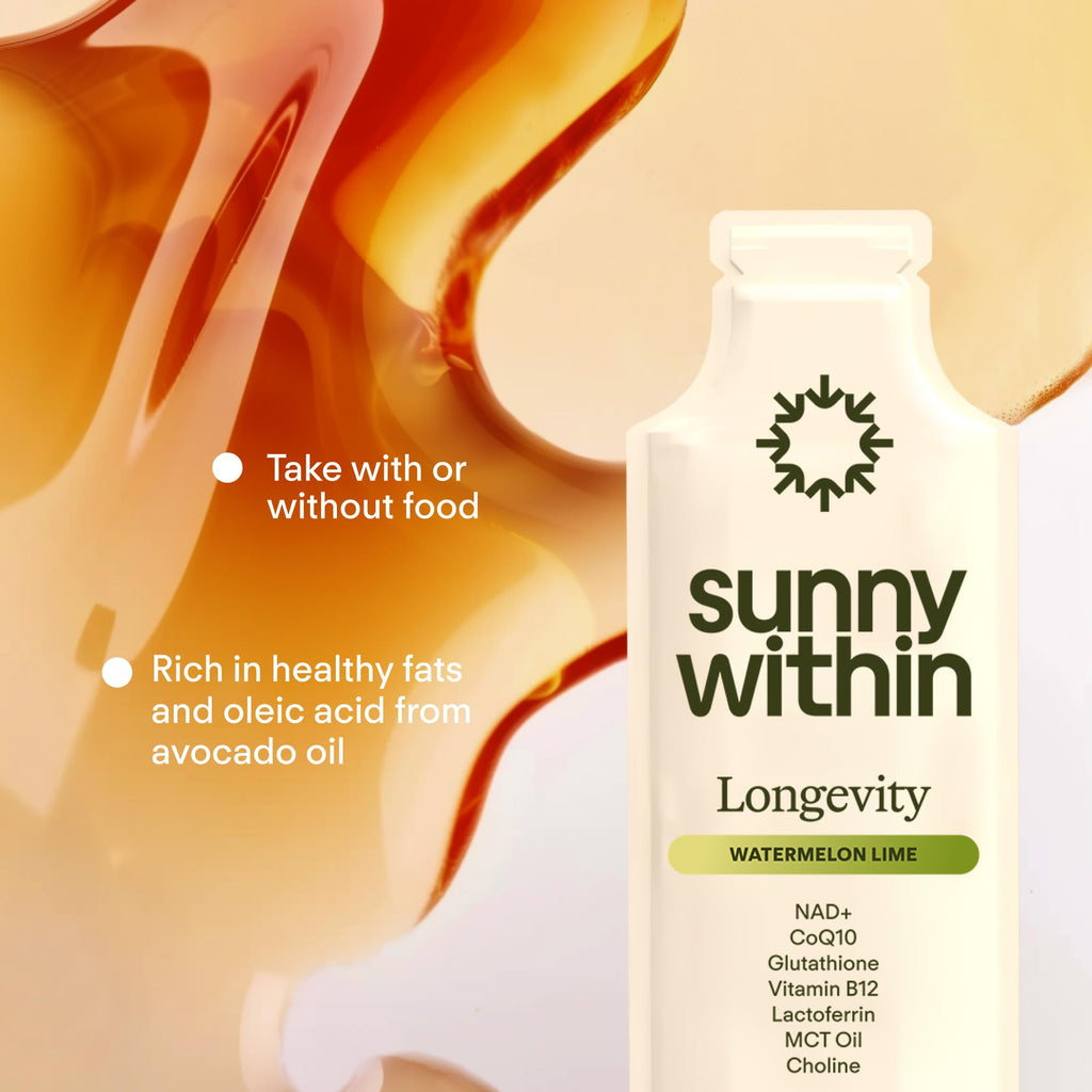 Sunny Within Longevity – Liposomal NAD+ Glutathione Supplement w/Liquid NAD+, CoQ10, B12, MCT & Avocado Oil – Cellular Health, Energy, Brain, Gut & Heart Support* – Watermelon Lime – 30 Pouches Sunny Within Au supplements