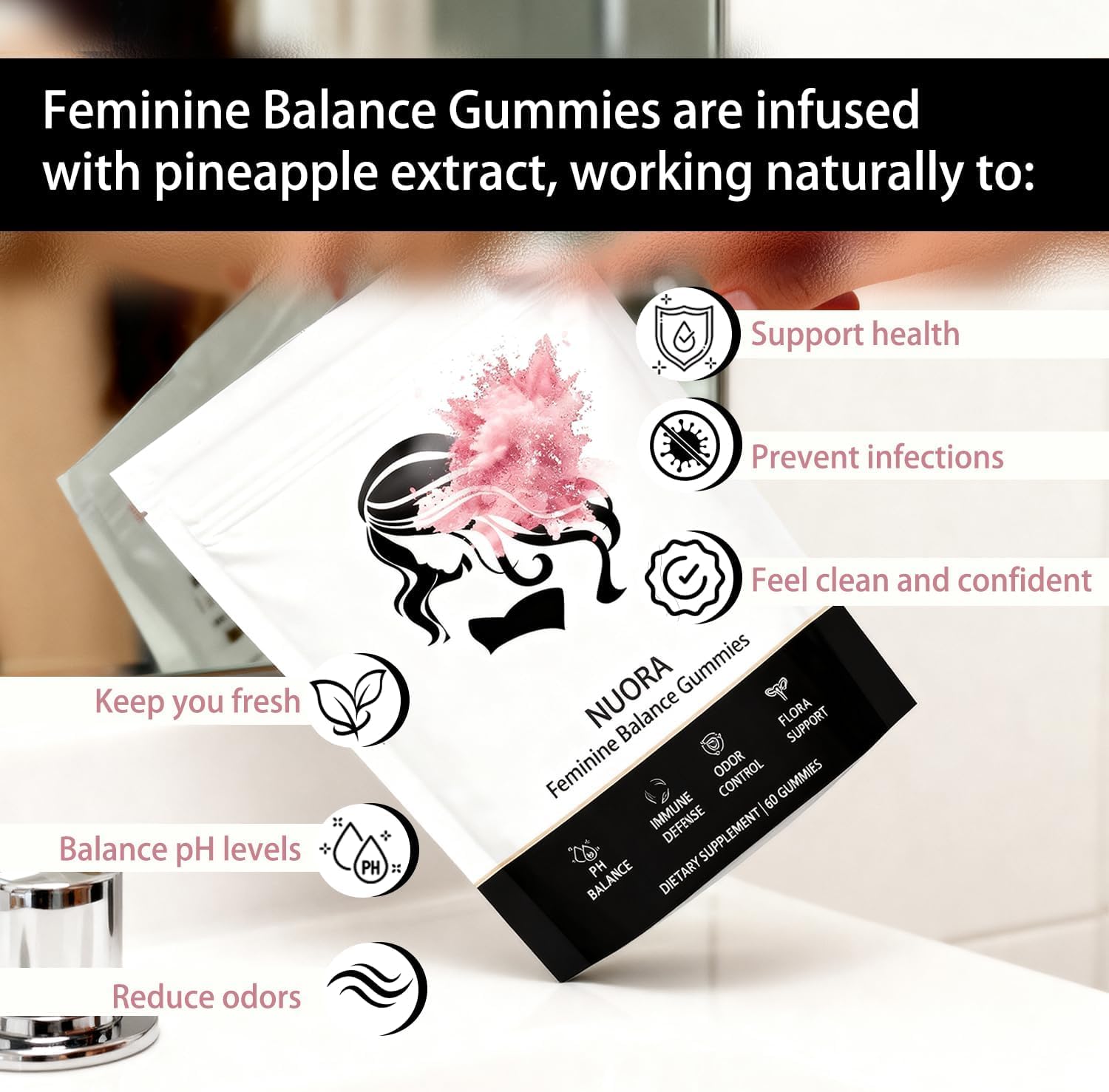 nuora Feminine Balance Gummies, Vegan Hawaiian Pineapple, pH Balance, Healthy Odor, Flora and Immune Support,