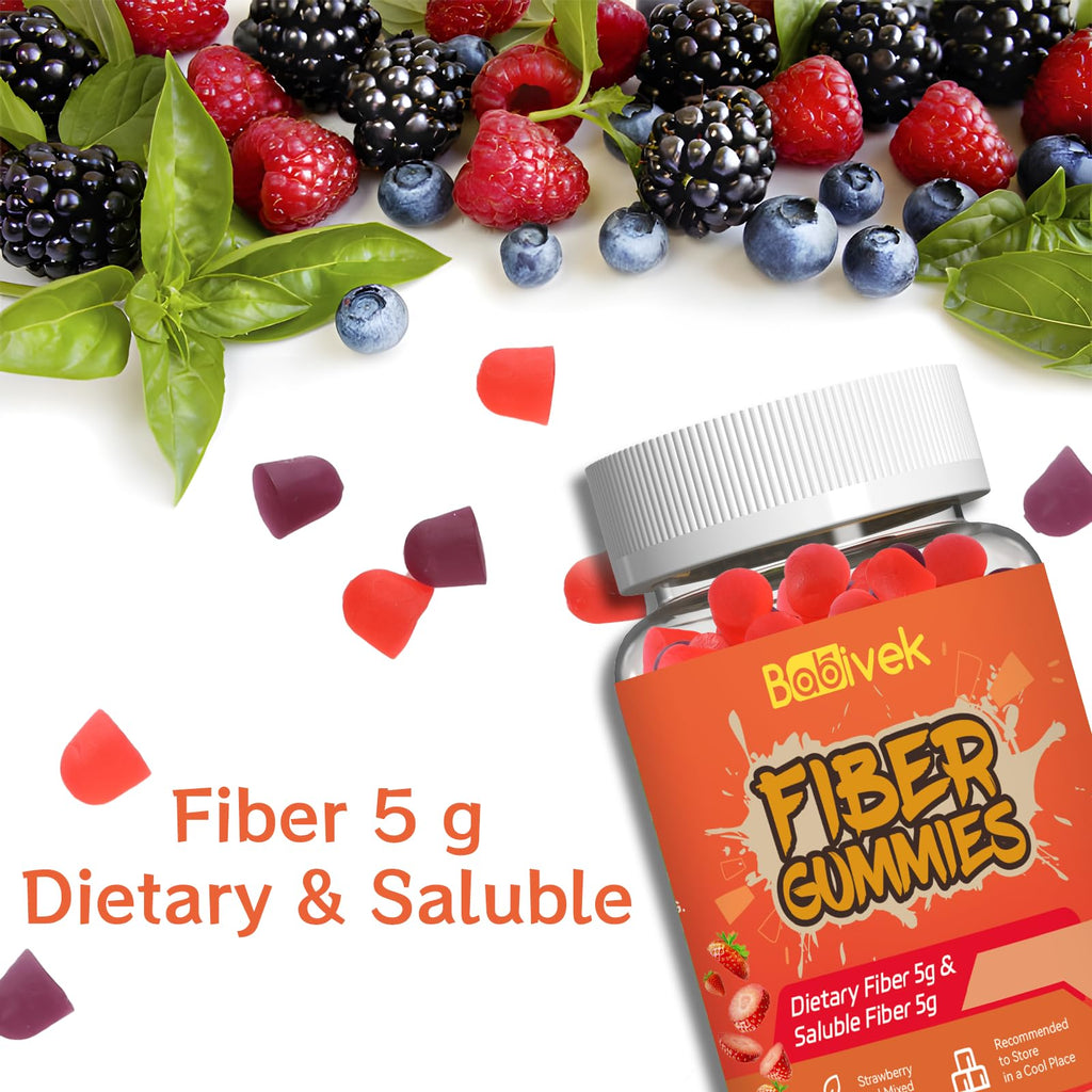 Babivek Fiber Gummies for Women and Men – Dietary Fiber, Gut Health Support, Vegan, Non-GMO, Non-Gluten, Mixed Berry & Strawberry Flavors, 60 Count(Pack of 2)