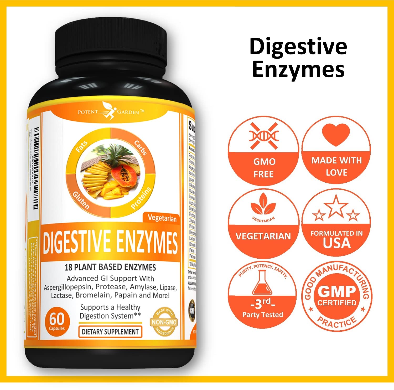 Potent Garden Digestive Enzymes -18 Plant Based Enzymes with amylase lipase bromelain Protease lactase & Other Enzymes - One Pre Meal Pill Supports Healthy