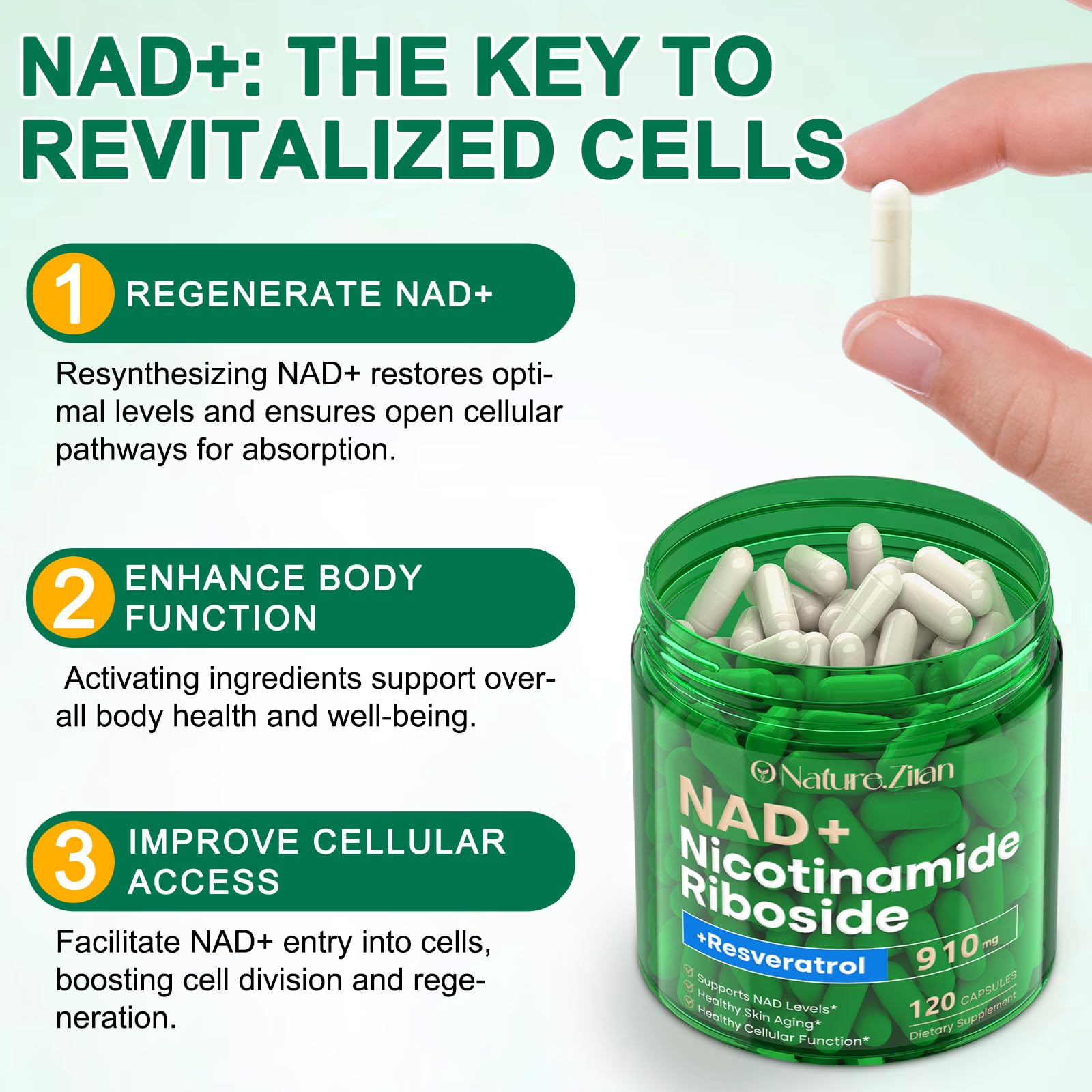 O NATURE . ZIRAN NAD Supplement - NAD+ Nicotinamide Riboside 910 Mg Supplement for Women & Men, Liposomal Nicotinamide Riboside with Resveratrol, for Focus, Boost - 120 Capsules O NATURE . ZIRAN Au supplements