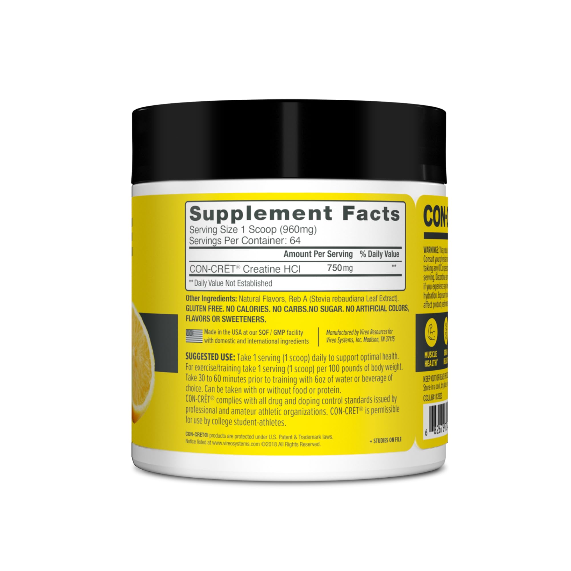 CON-CRET Creatine HCl Powder | Muscle, Cognitive, Cellular Energy Support | No Bloating or Cramps | USA Made & NSF Certified