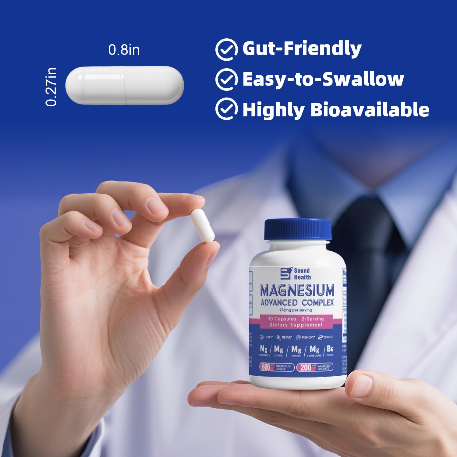5 in 1 Magnesium Complex Capsule 976mg wtih Magnesium Glycinate, Citrate, Malate, L-Threonate & Vitamin B6, High Absorption Magnesium Complex for Women & Men, Third-Party Tested, Vegan, Non-GMO Sound Health Plus Au supplements