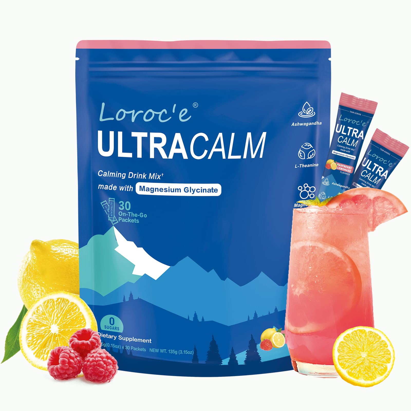 Loroc'e UltraCalm Super Cortisol Reducer Drink, Magnesium Glycinate (30 Servings), L-theanine, Ashwagandha, Vitamin D, No Sugar,
