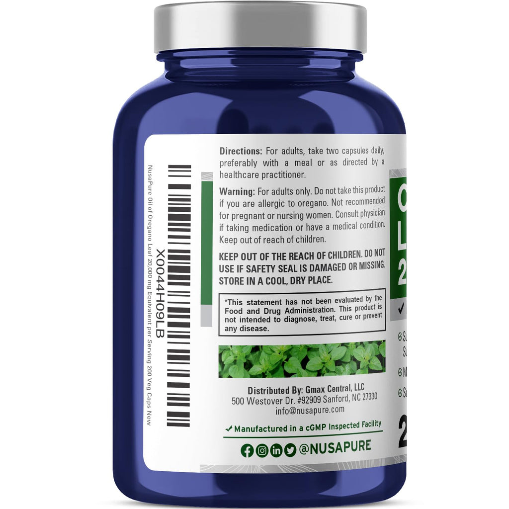 NusaPure Oregano Oil Extract 20000mg | 200 Veggie Powder Capsules | Naturally Occurring Carvacrol | Non-GMO and Vegan Extract 65:1 NusaPure Au supplements