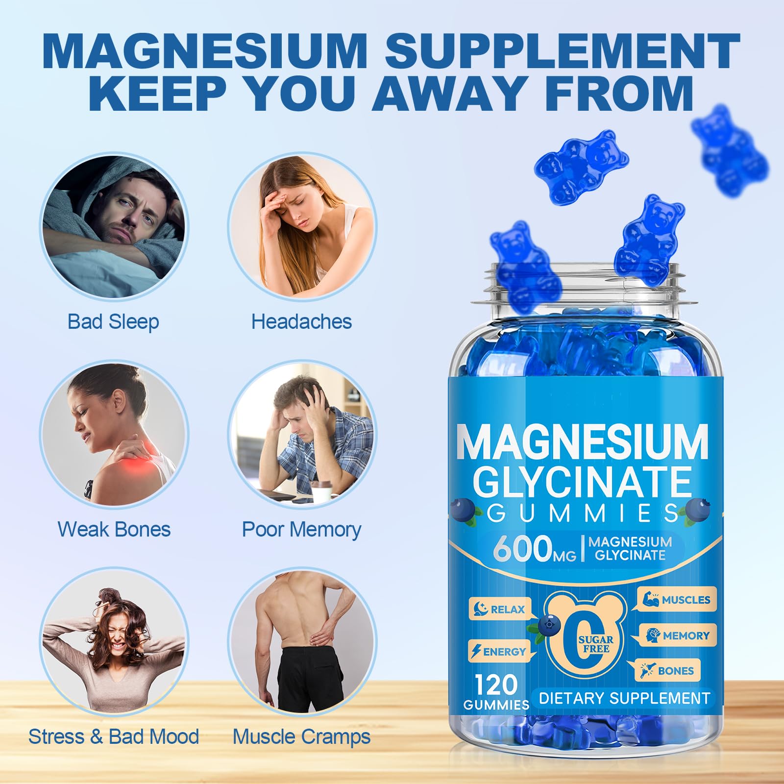 Magnesium Glycinate Gummies 600mg, Chewable Sugar Free Potassium Magnesium Gummies with Manganese Glycinate, Vitamin D, B6, and CoQ10 for Calm Suppor