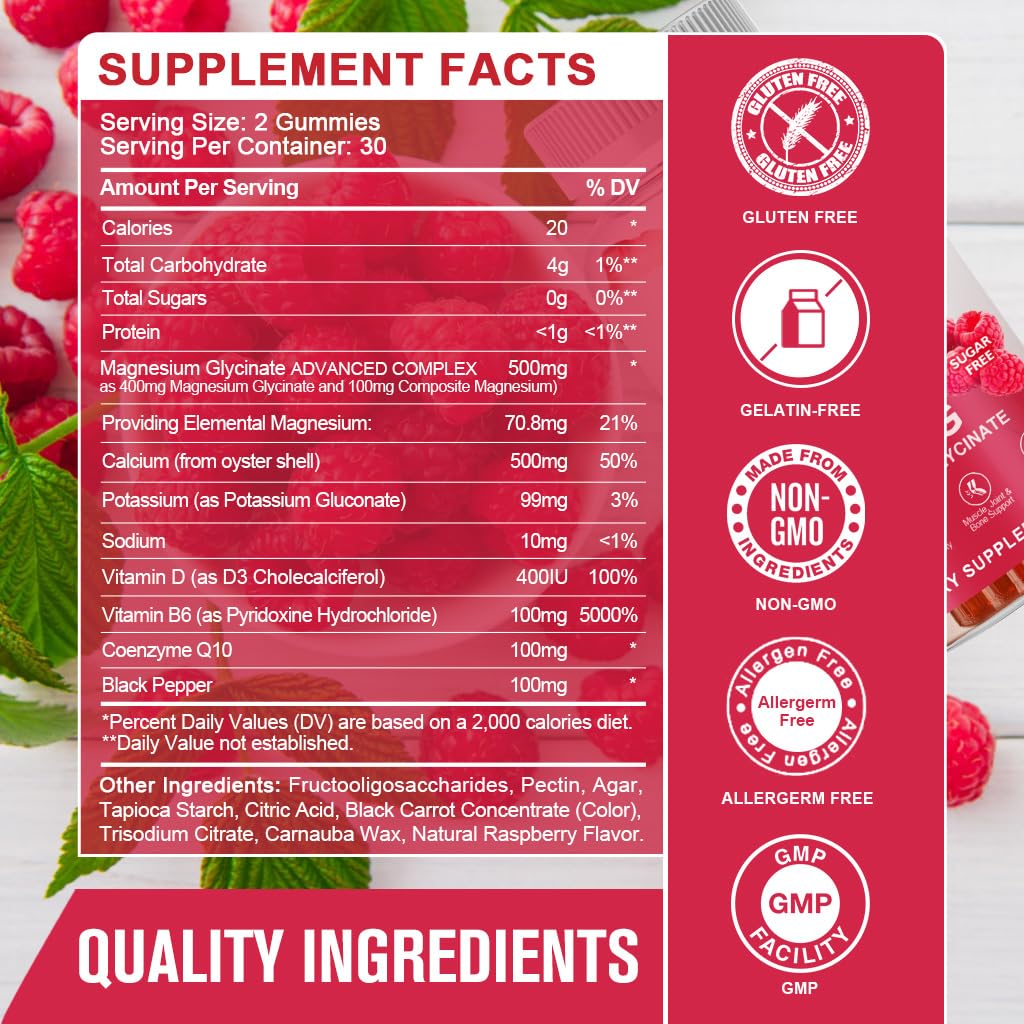Magnesium Glycinate Gummies 400 mg with 100 mg Composite magnesium - Chelated Magnesium Potassium Supplement with Vitamin D, B6 Supports Calm, Sleep, Memory & Muscle