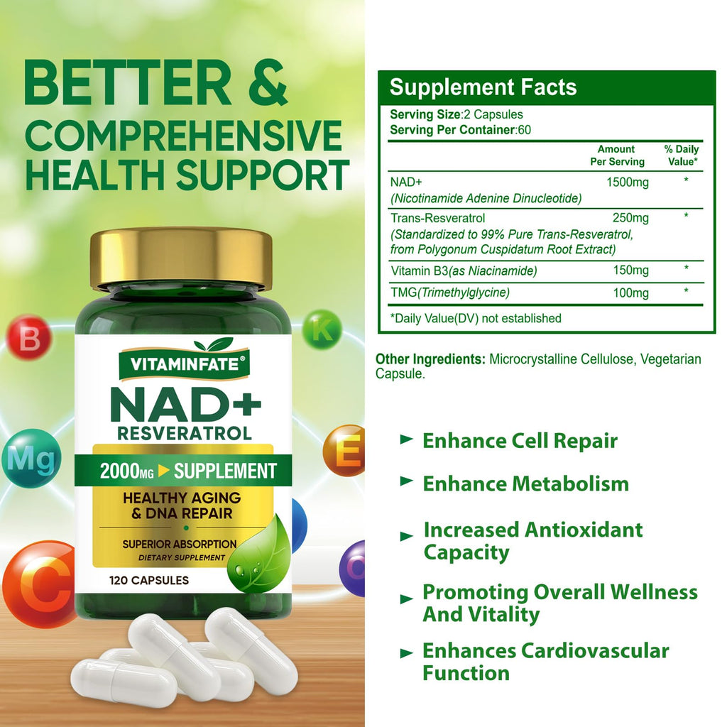VITAMINFATE NAD+ Supplement 2000 mg - 120 Capsules True NAD+ & Resveratrol, NMN Alternative Supports Anti-Aging, Cellular Energy & Repair, Metabolism & Brain Boost for Men & Women VITAMINFATE Au supplements