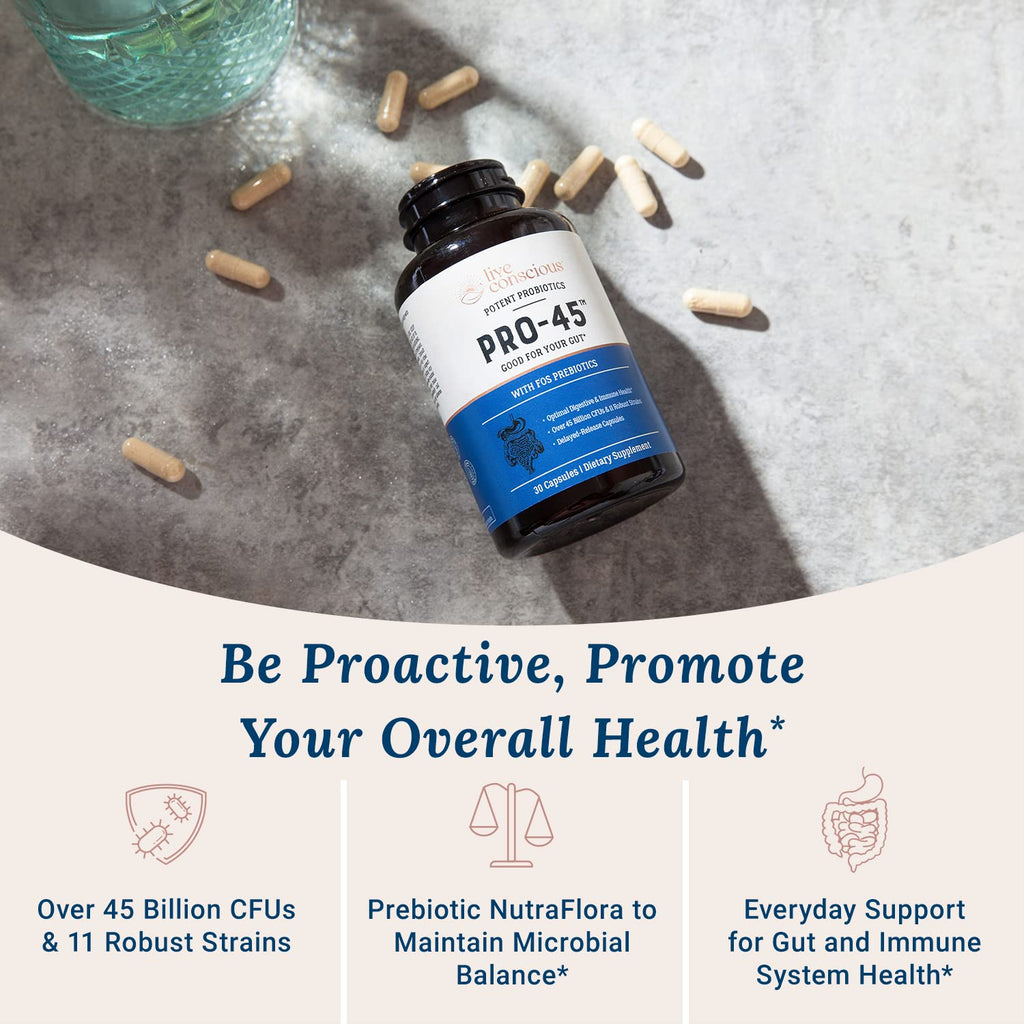 Live Conscious PRO45 Probiotics for Women & Men: Comprehensive Formula, 45 Billion CFU, 11 Strains, Dairy Free - w/Prebiotics and Probiotics