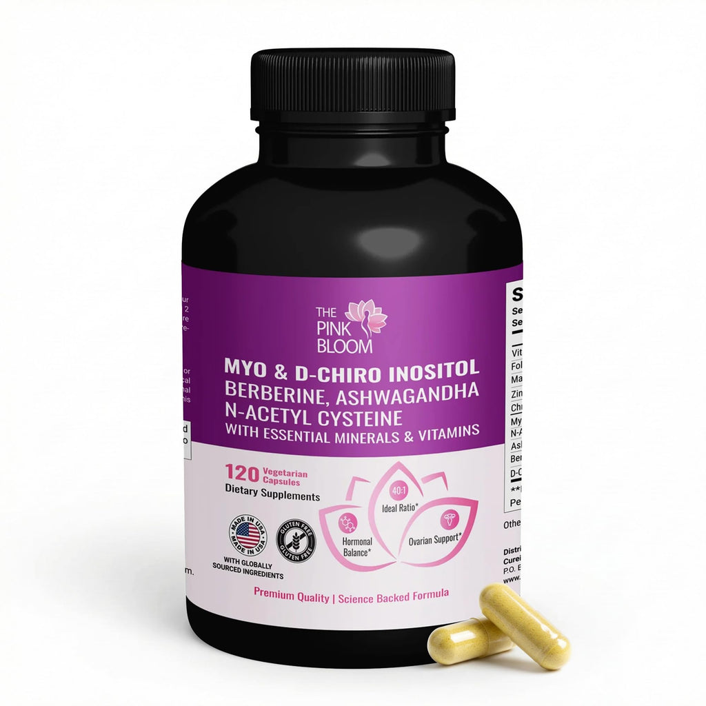 The Pink Bloom Myo & D-Chiro Inositol 40:1 Ratio – 120 Capsules | Myo Inositol Supplement for Women with Vitamin D, Ashwagandha, Folate & Zinc | Supplement for Hormone Balance & Ovarian Health The Pink Bloom Au supplements