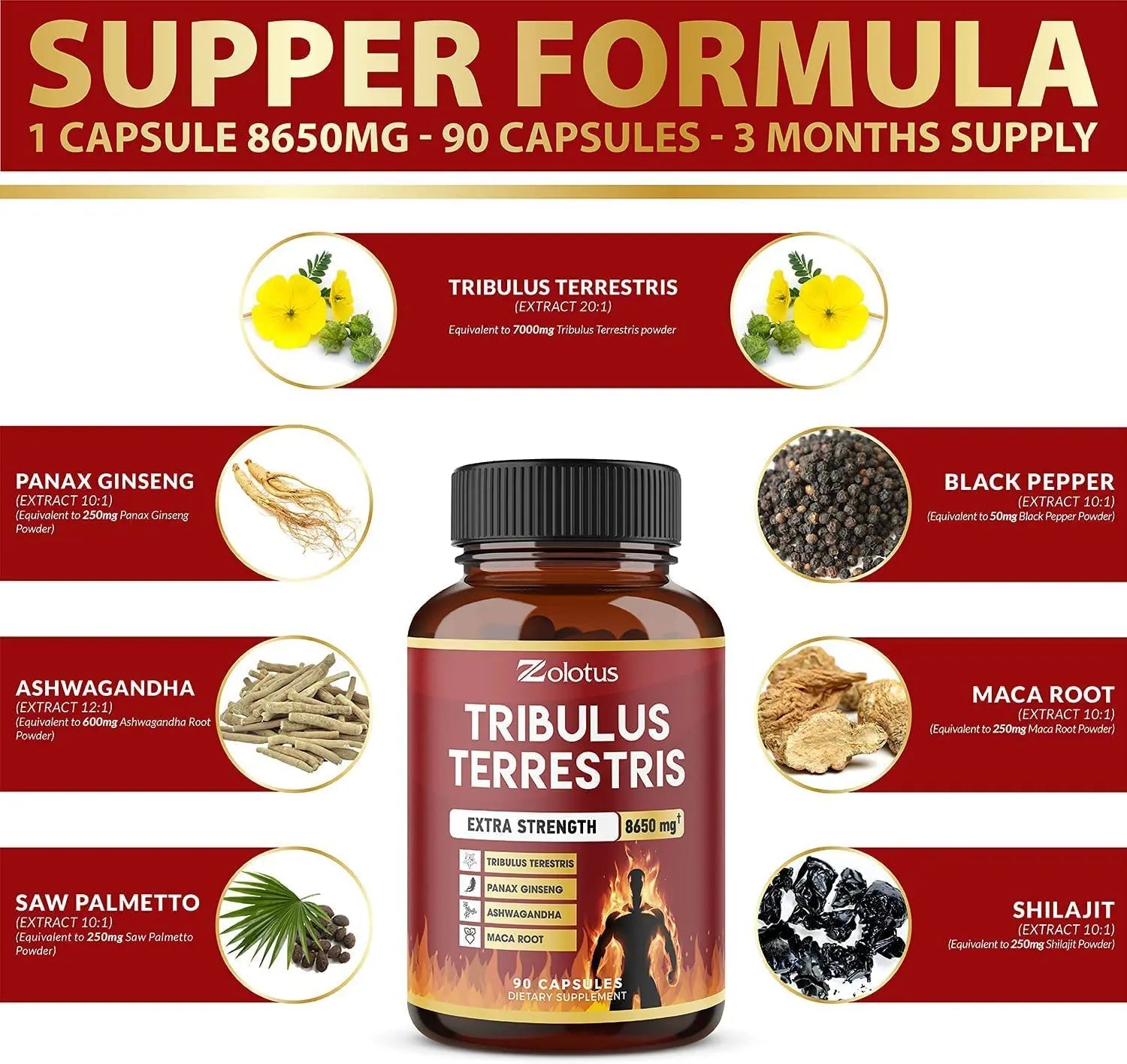 Zolotus Tribulus Terrestris, 8650mg Per Capsule, High Potency with Ashwagndha Zolotus Au supplements